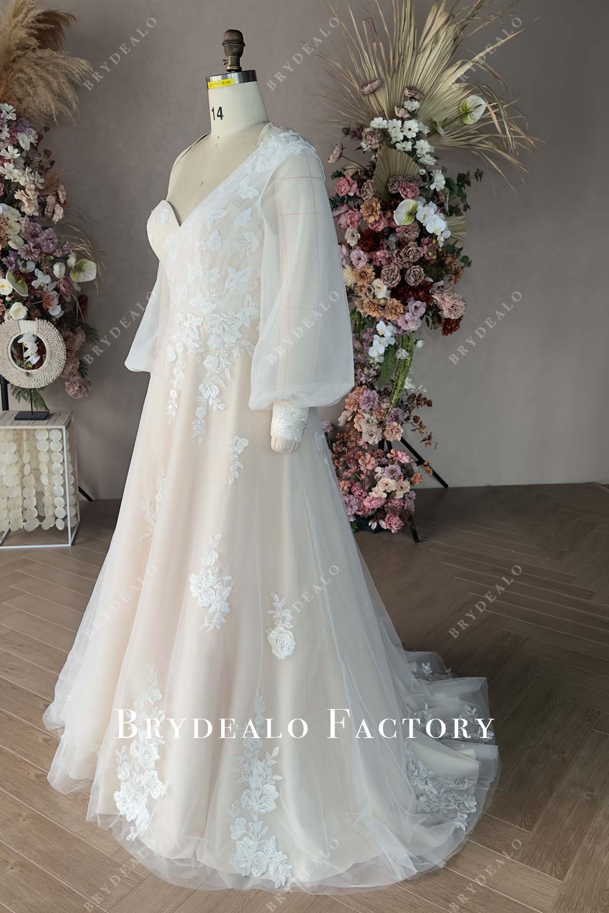 sheer puffy sleeves long wedding dress