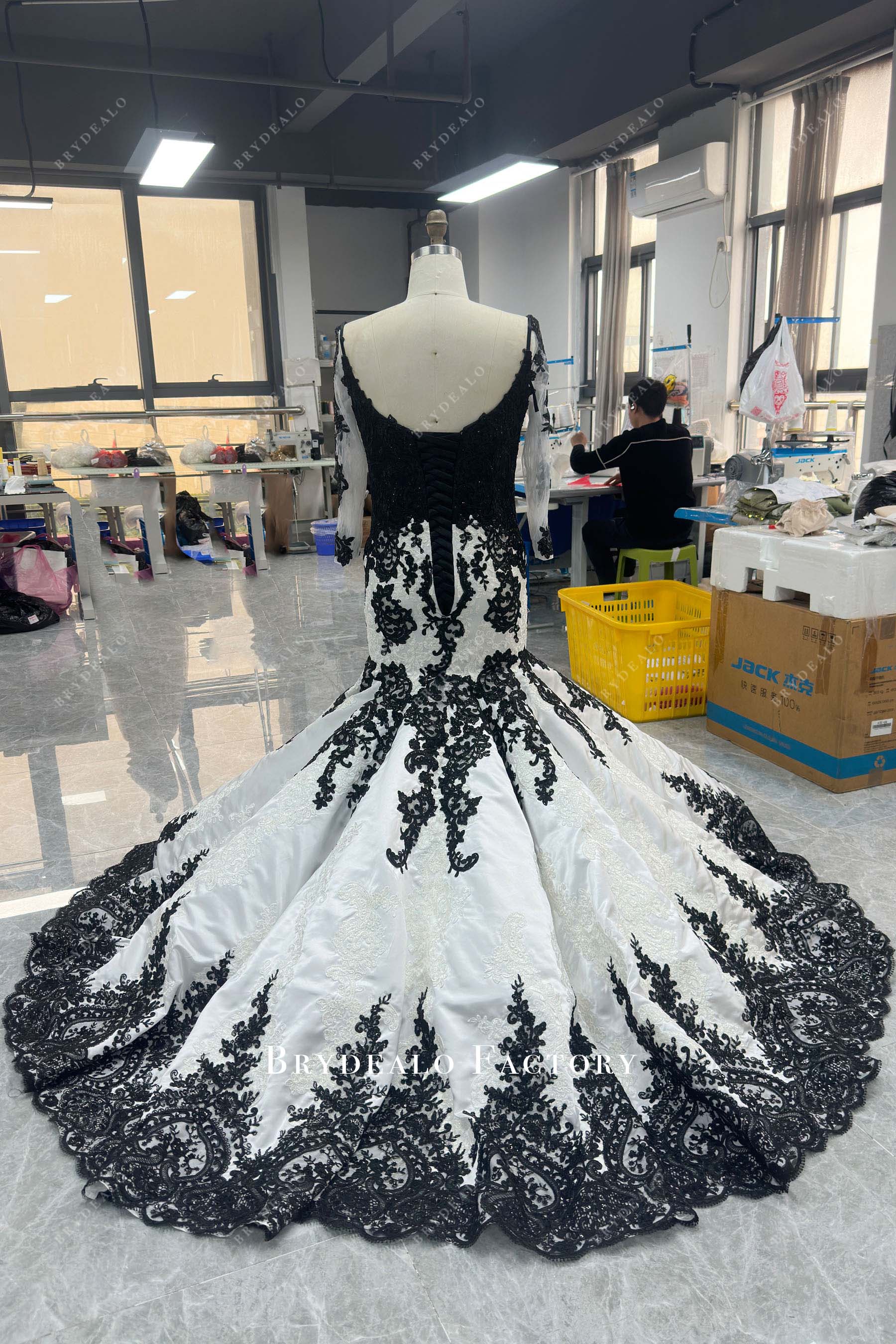 sheer sleeve black white wedding dress