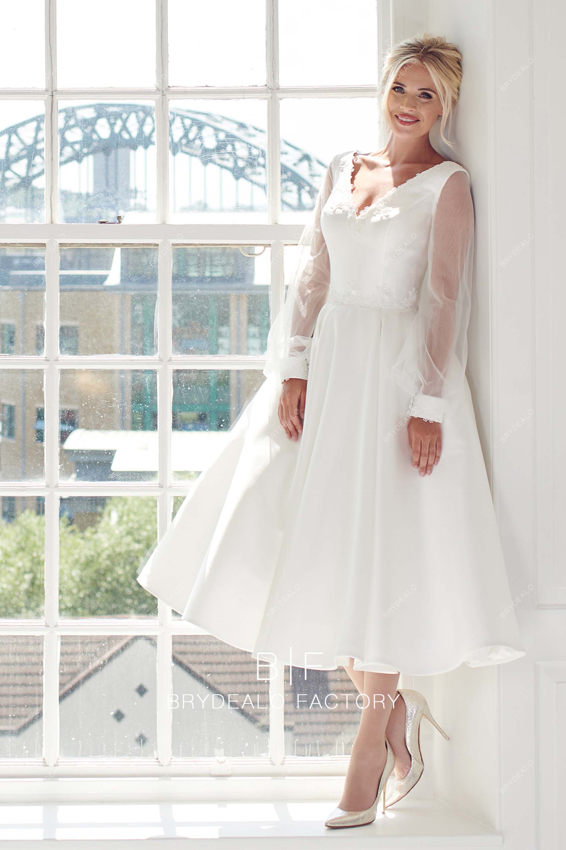 sheer bishop sleeves A-line timeless wedding dress
