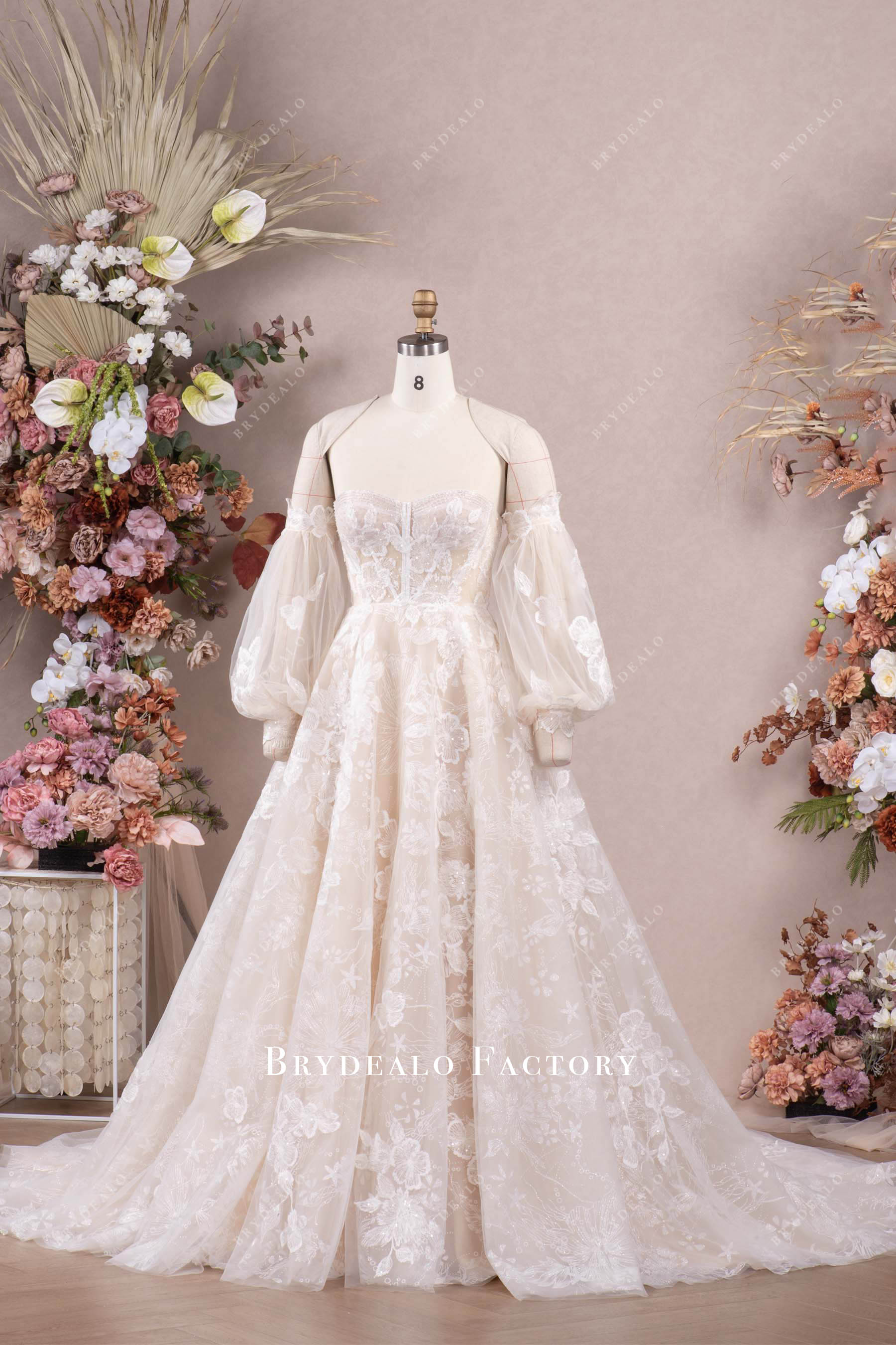 shimmery flower lace A-line wedding dress