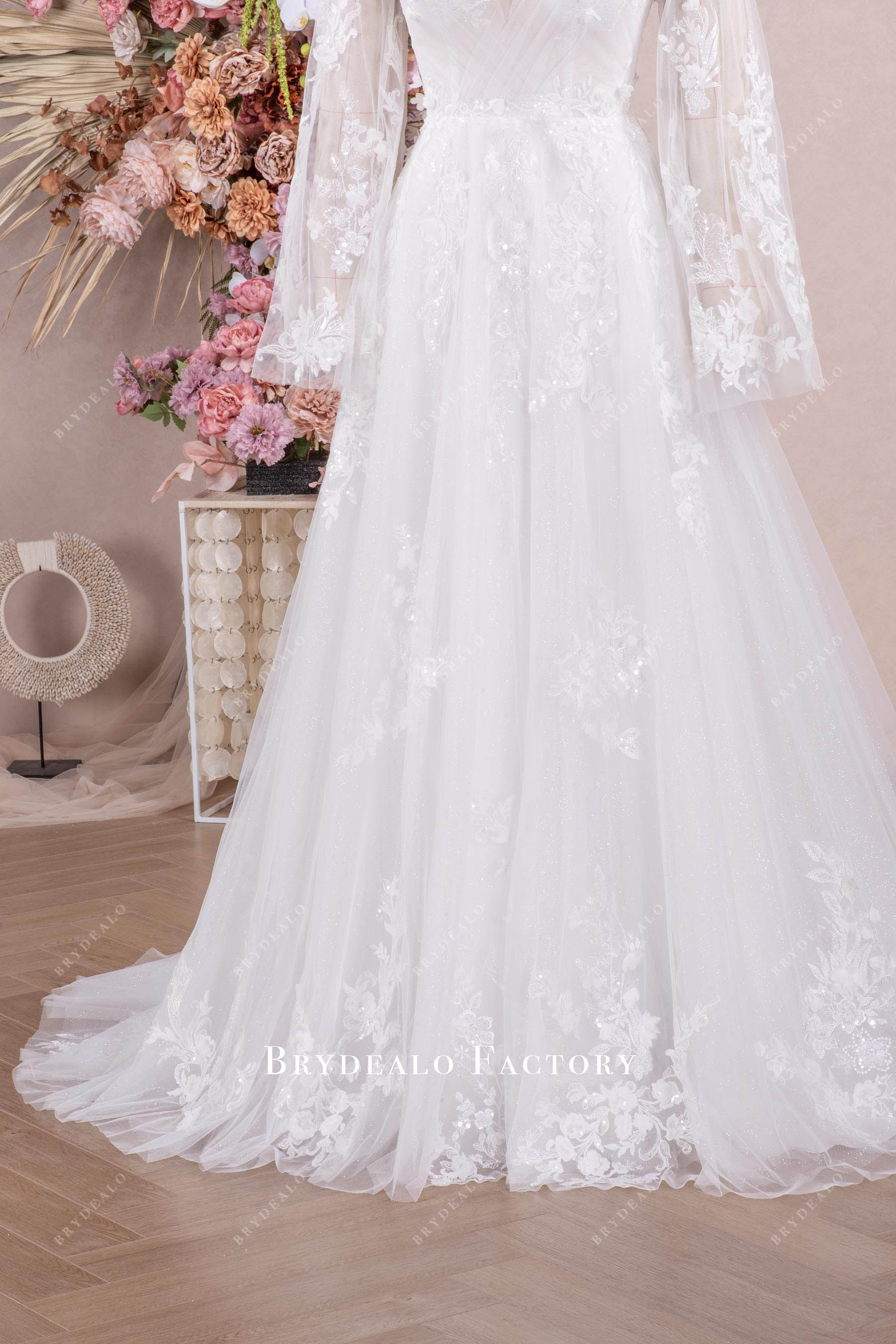 shimmery flower lace Aline wedding dress