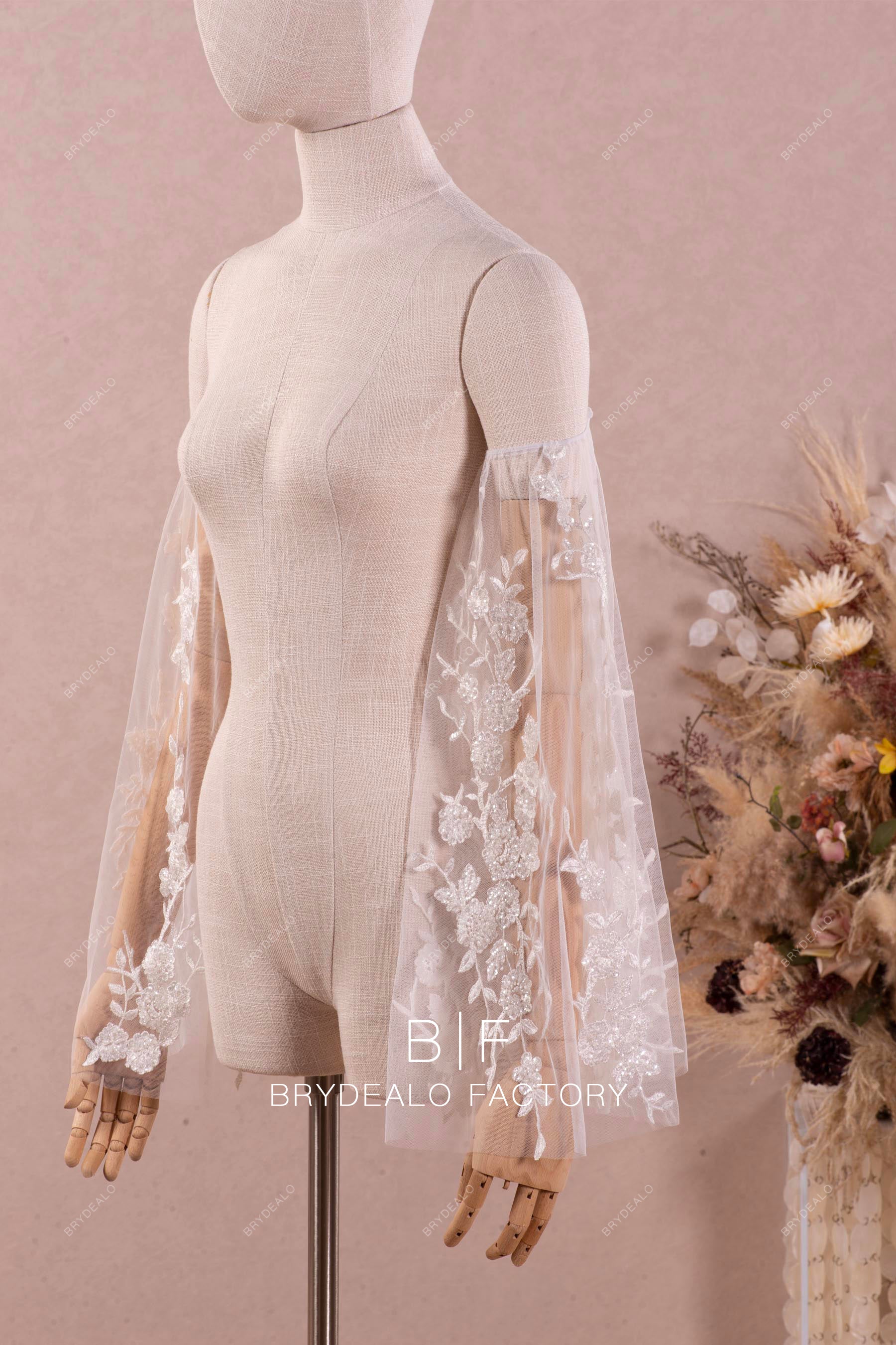 shimmery flower lace bridal bell sleeves