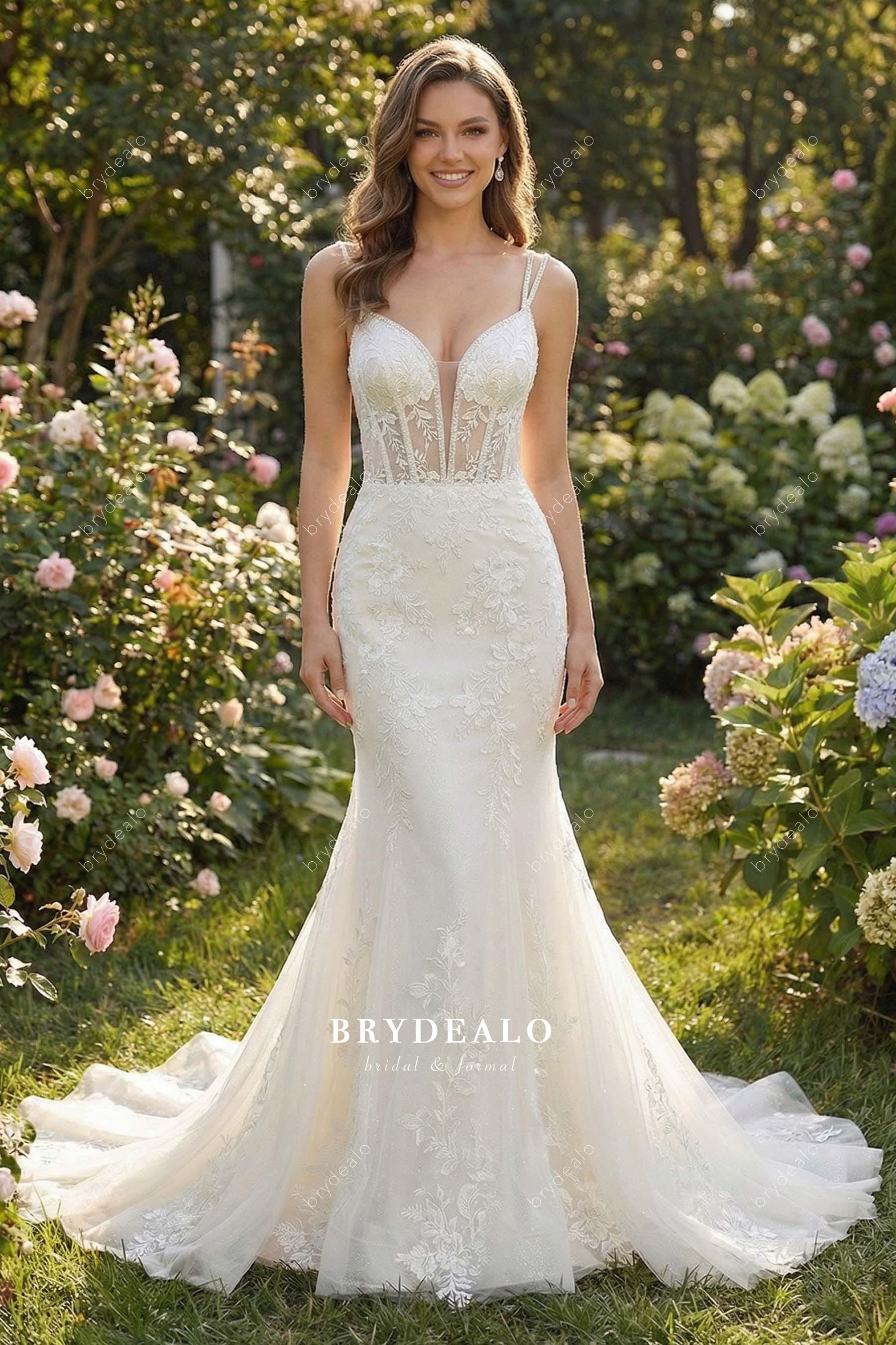 shimmery flower lace plunging neck wedding dress