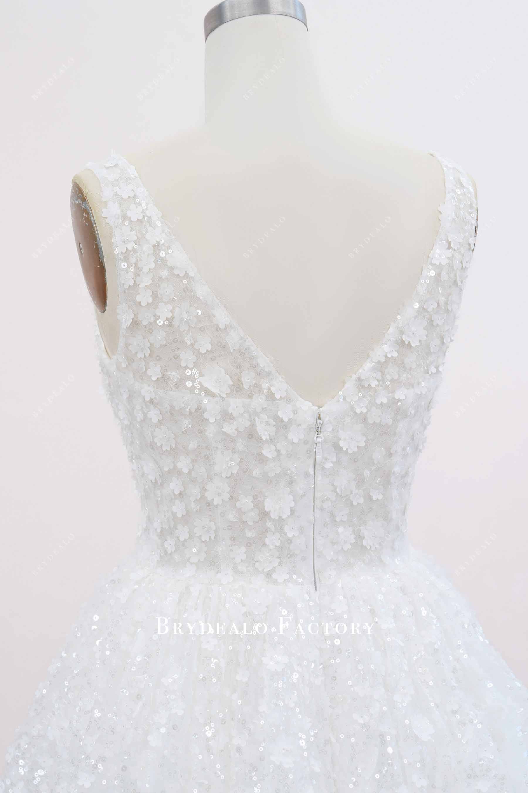 shimmery flowers V-back wedding dress