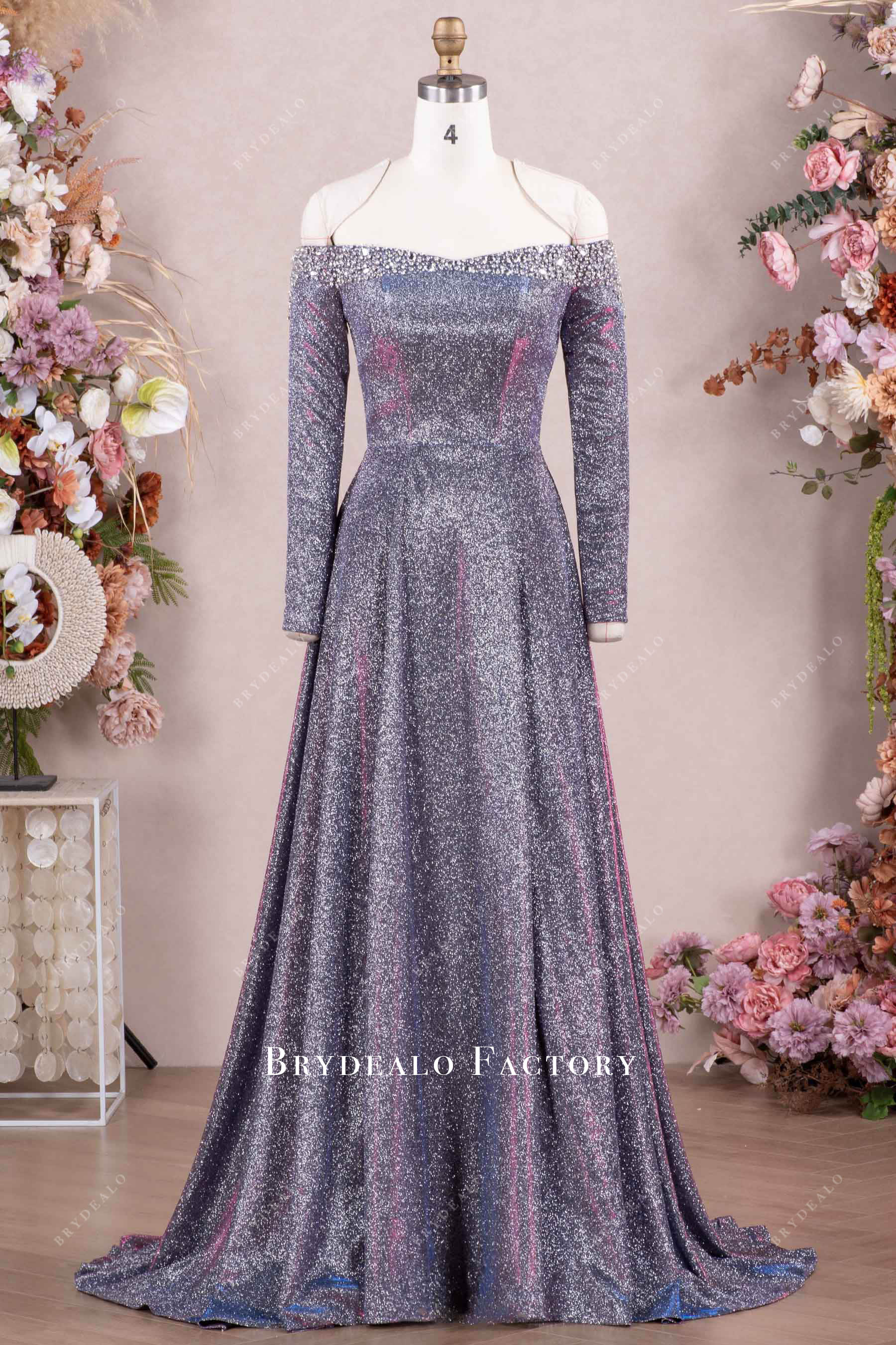 shimmery galaxy sleeved prom dress