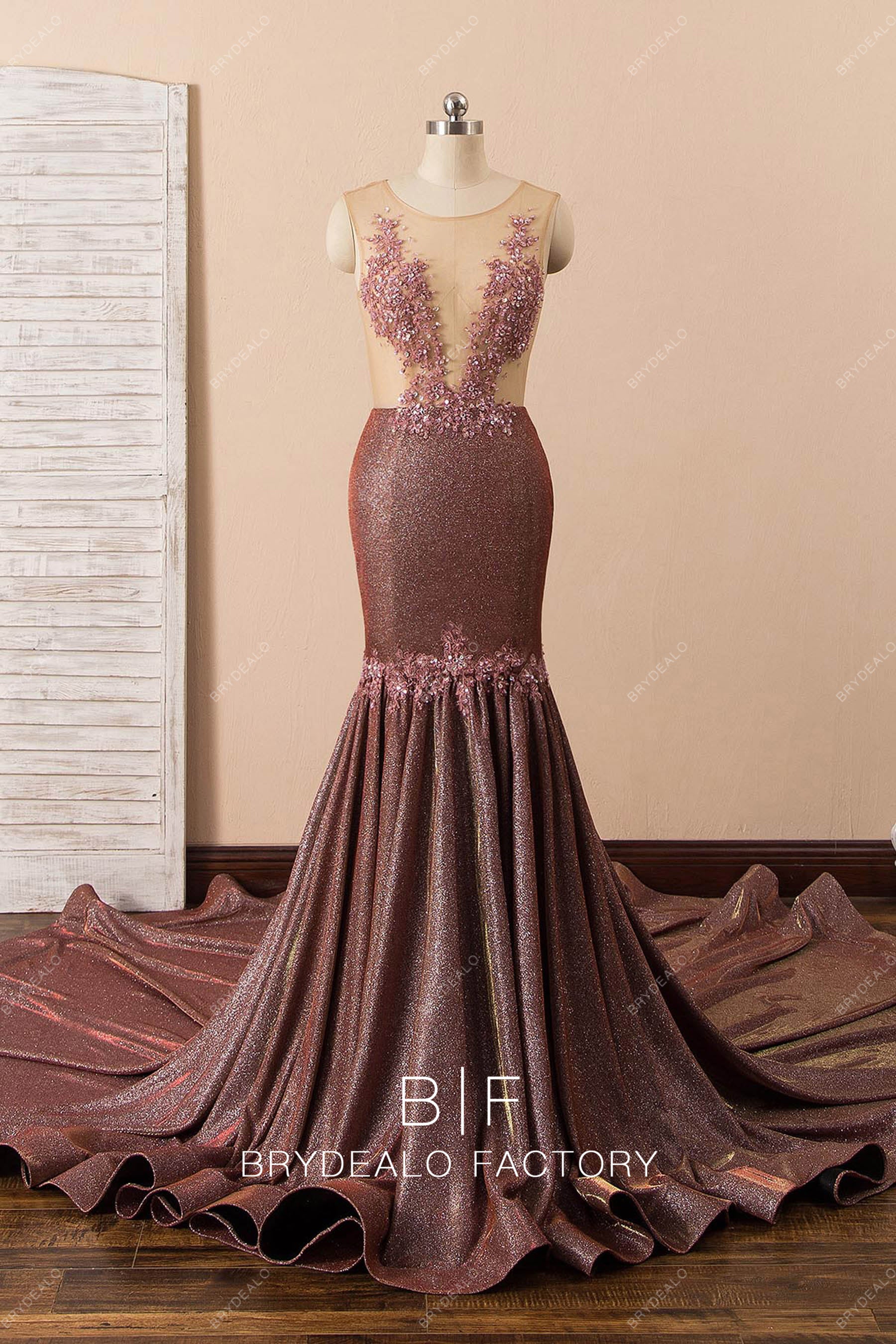 shimmery illusion bodice mermaid prom dress