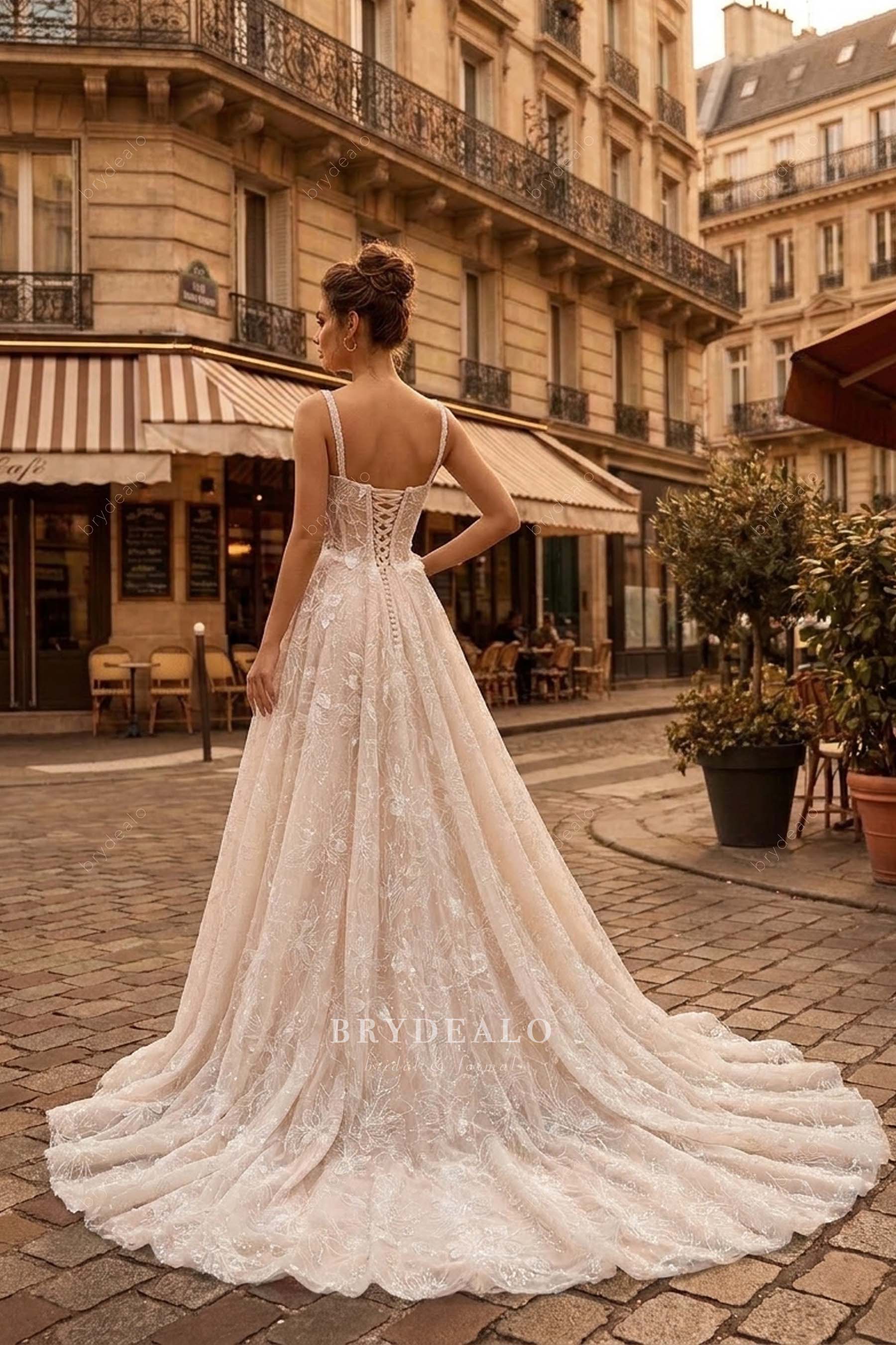 shimmery lace long wedding dress