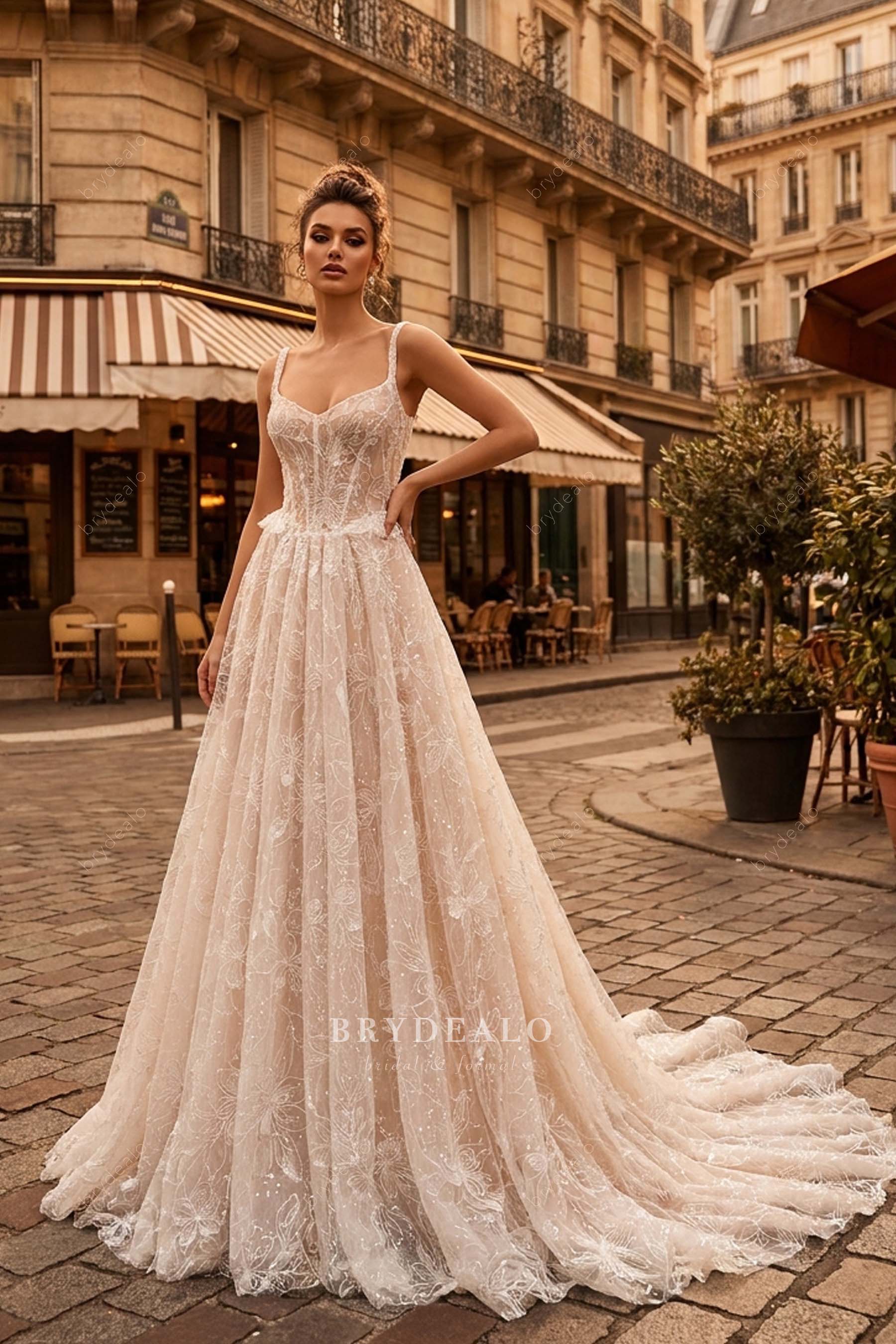 shimmery large flower lace wedding dress