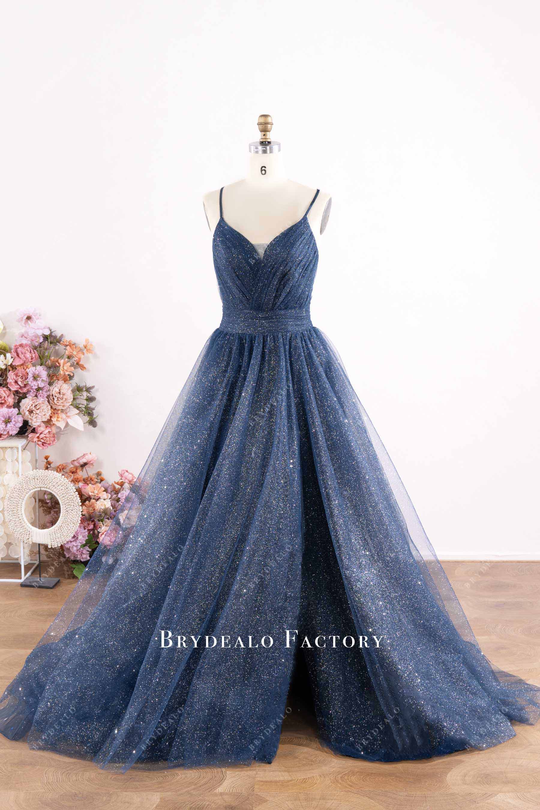 Shimmery Tulle Criss-Cross Back Slit Prom Dress
