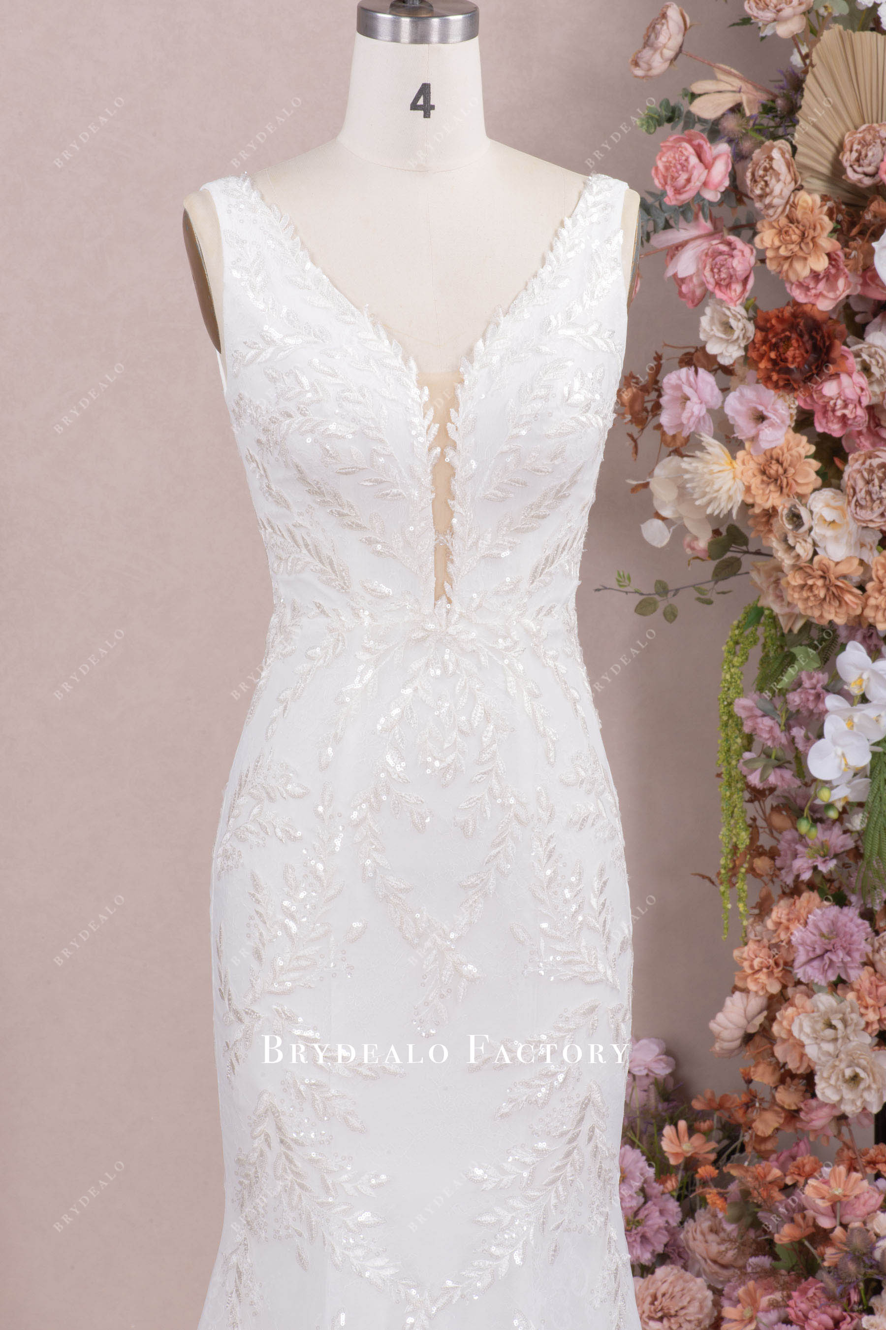 shimmery plunging neck wedding dress