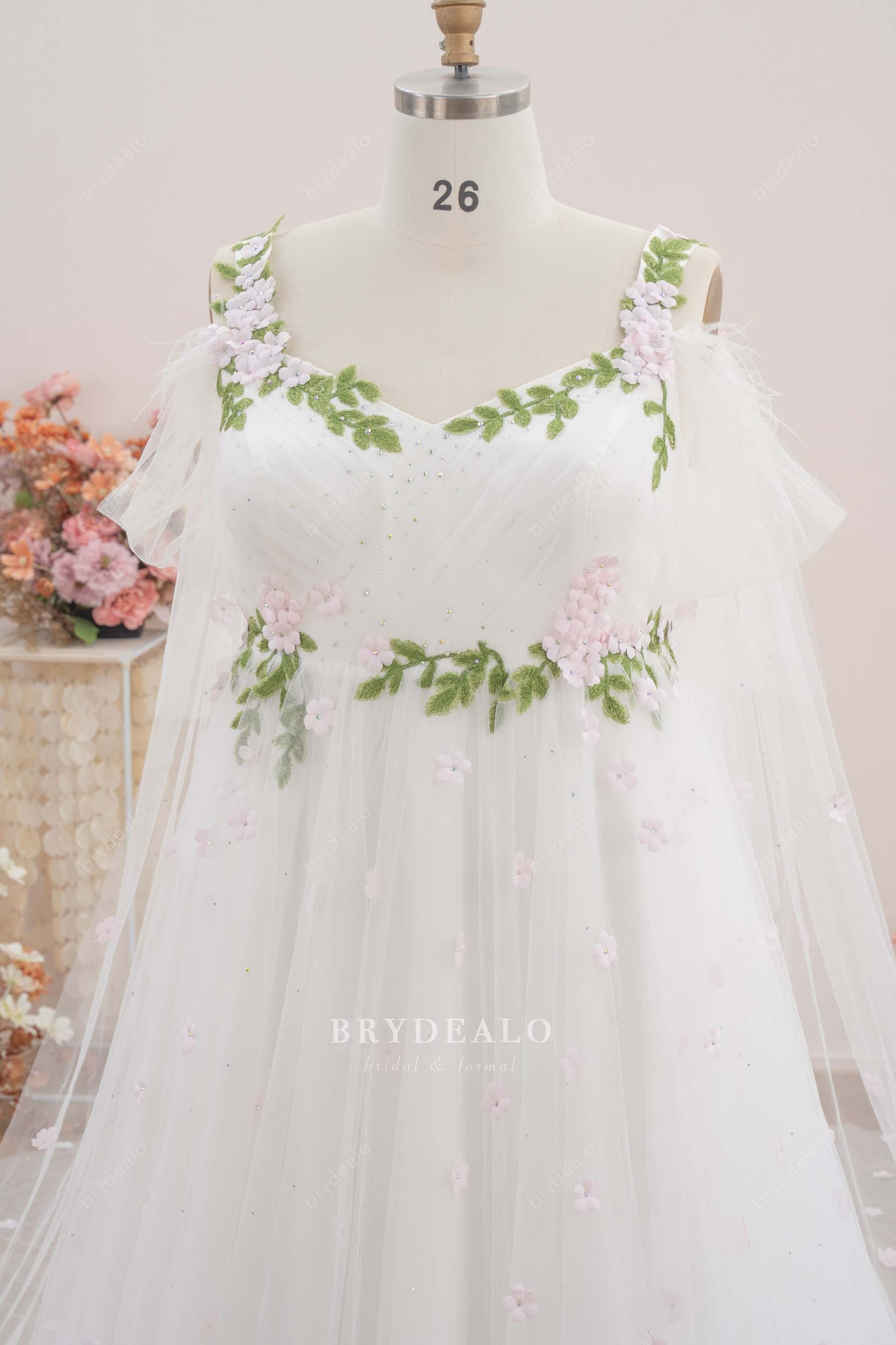Romantic Floral Rhinestones Long Cape A-Line Wedding Dress