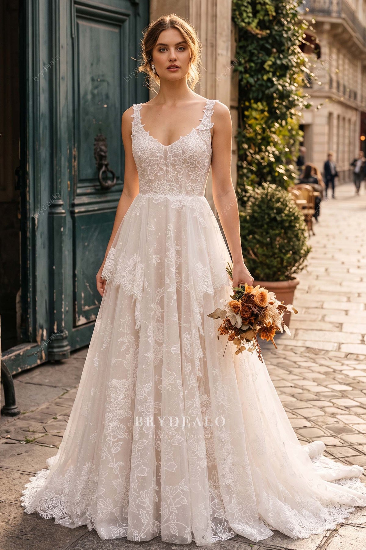 shimmery ruffled lace wedding dress