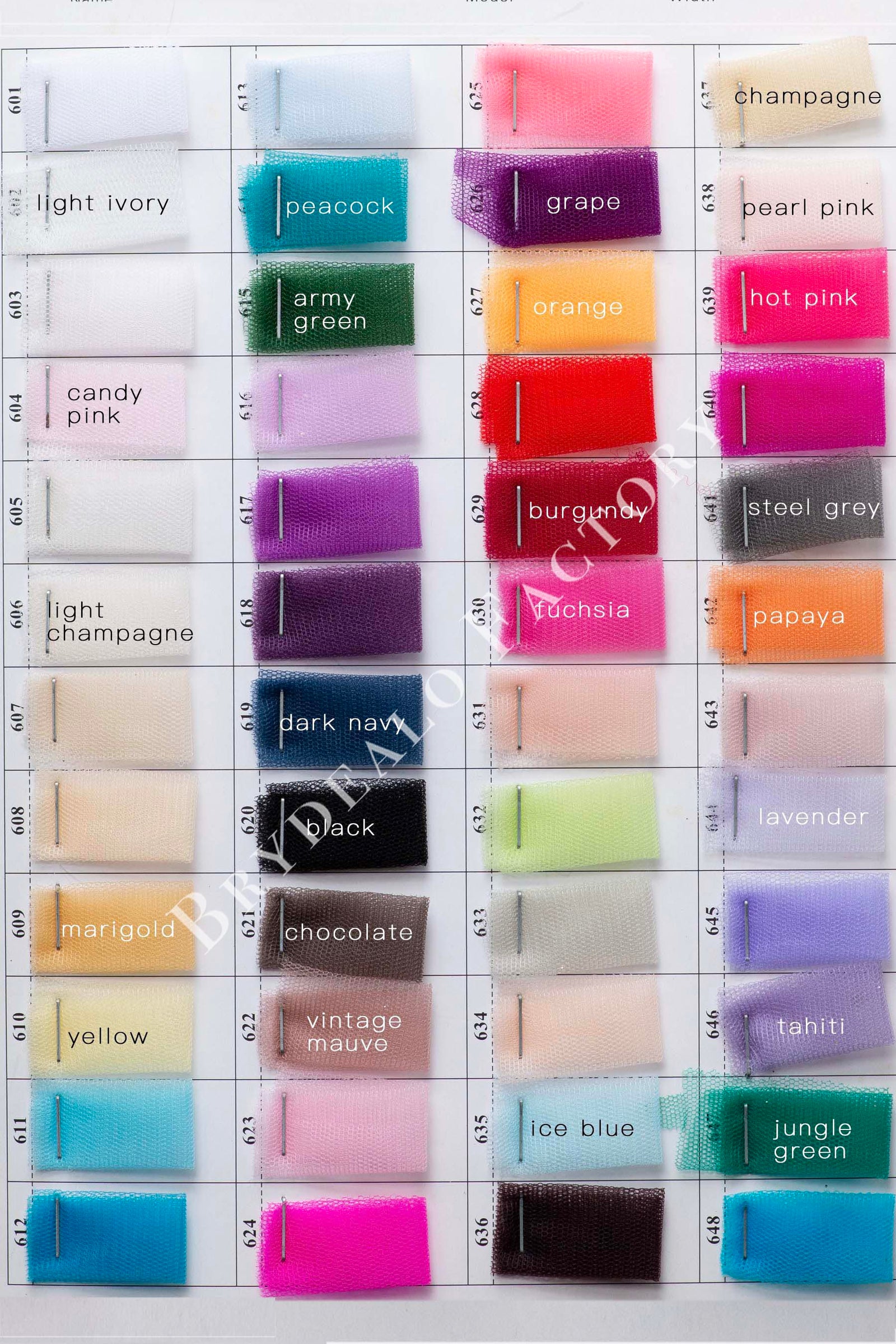 Tale Color Chart Shimmery Soft Tulle Fabric Color Chart
