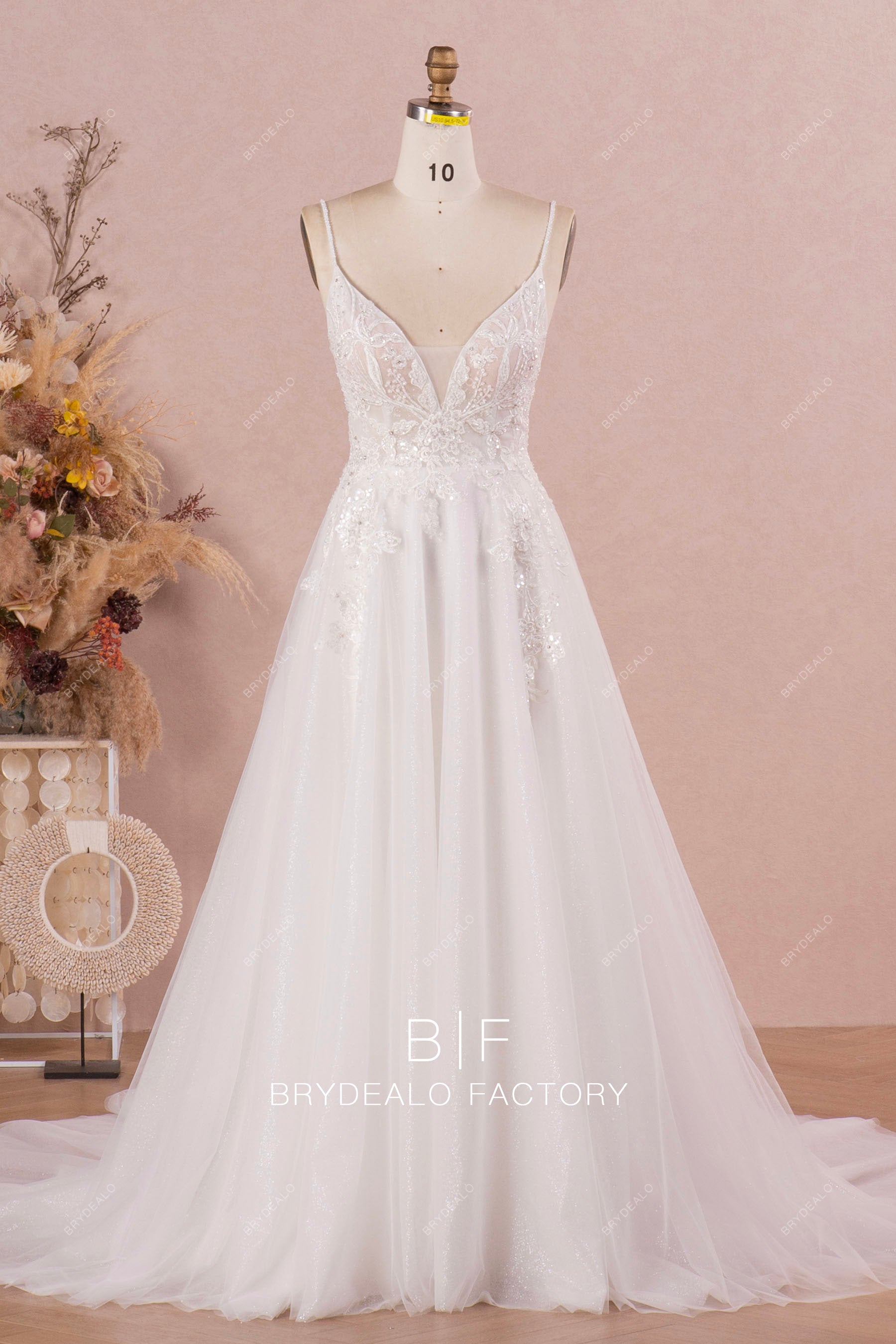 shimmery straps beaded lace Aline wedding dress