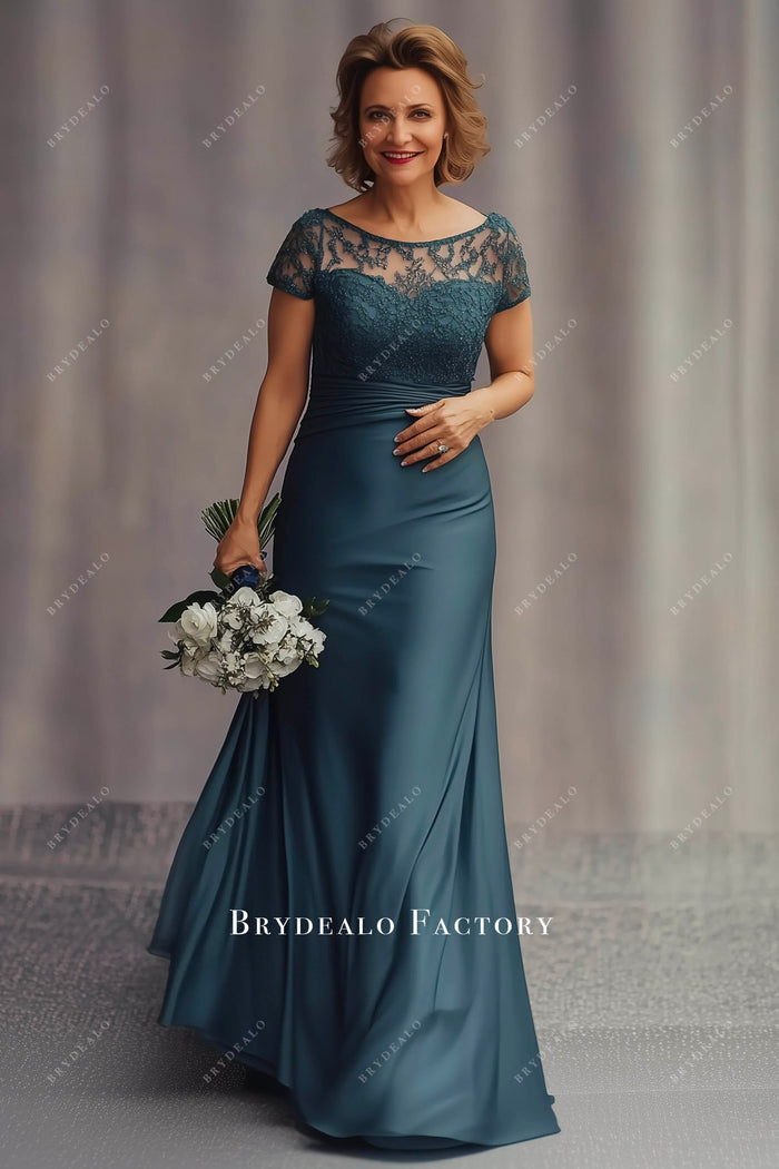 Cicinia Peacock Mother Of The Groom Dress Long Chiffon Sheath With Sequined Lace Applique Cape