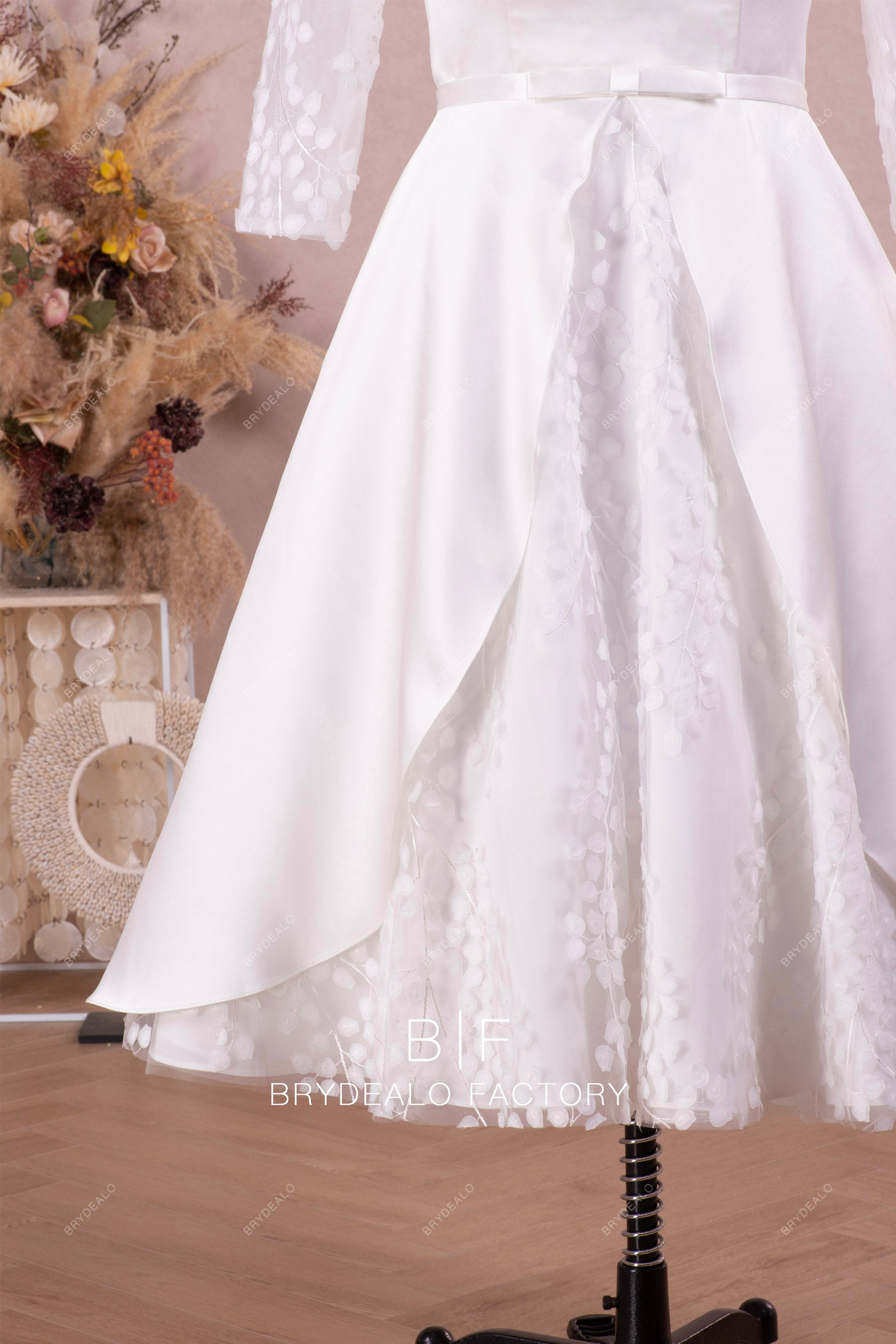 short lace wedding dress with satin overlay