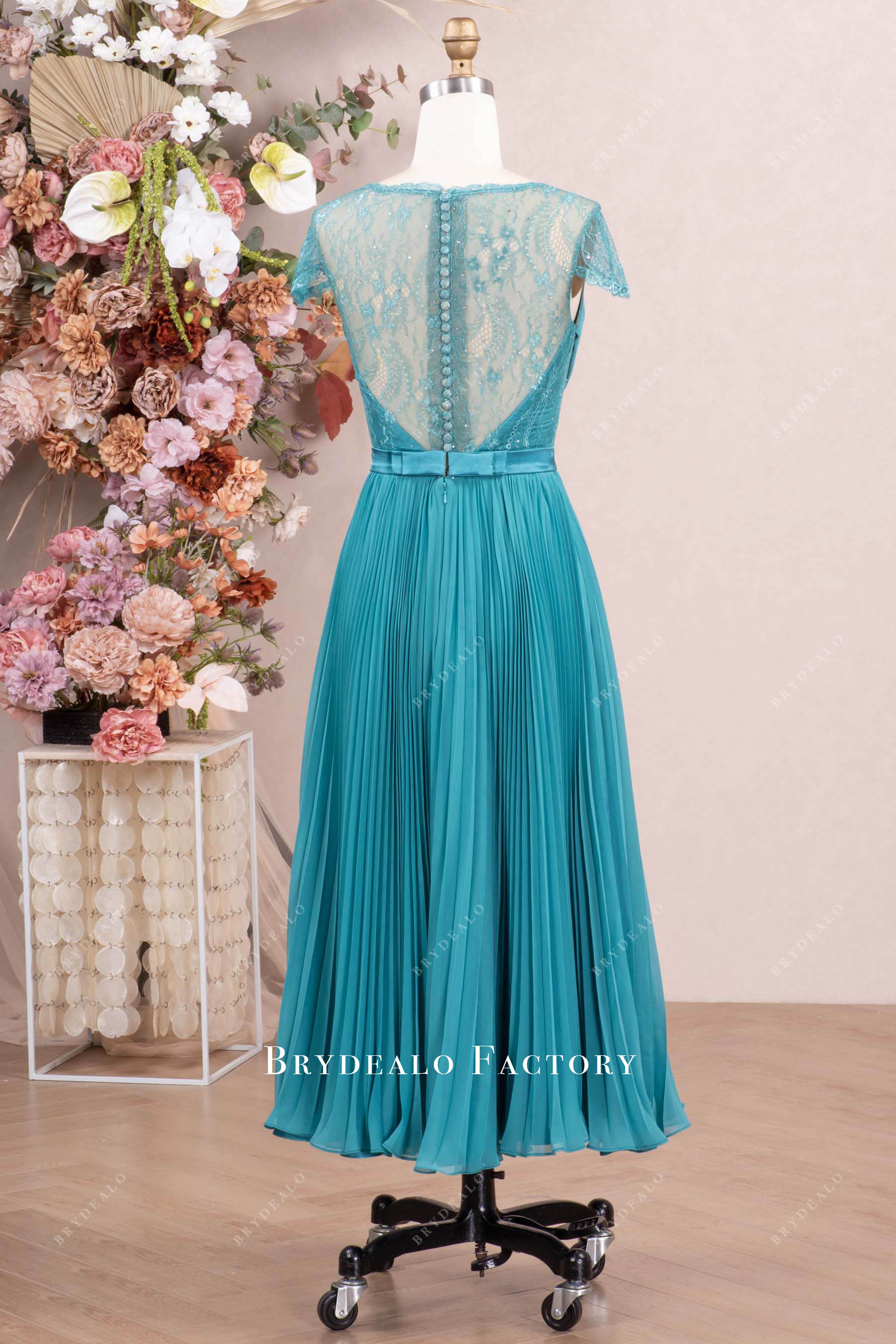 short pleated chiffon lace formal dress