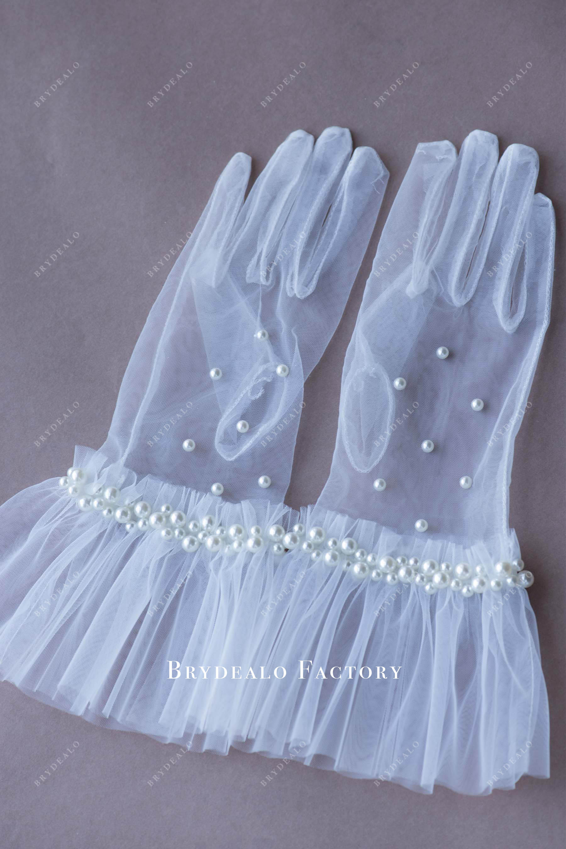 short ruffled tulle pearl bridal gloves