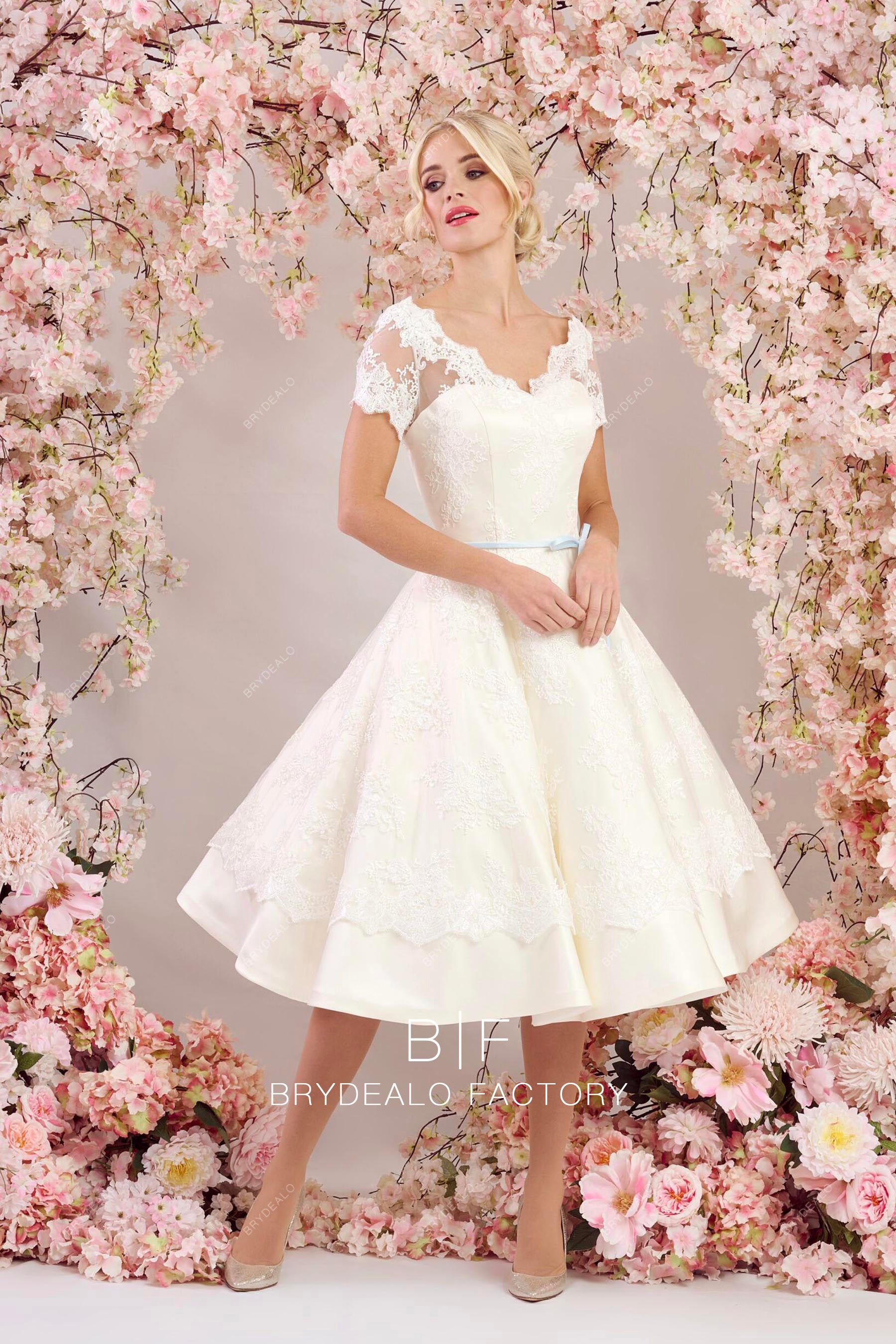 short sleeve lace short wedding dress 