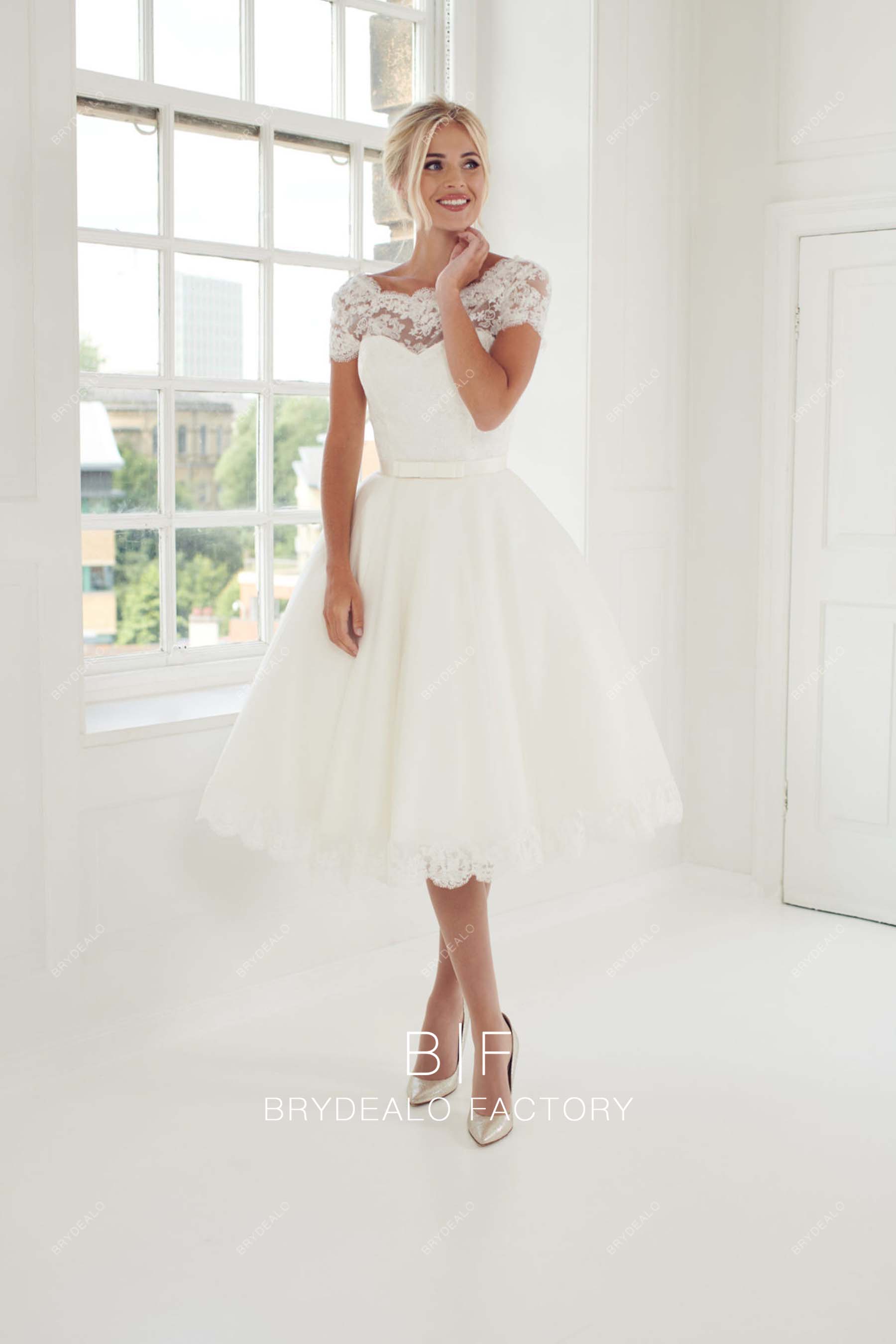 short sleeves tea length 1950s bridal dress online