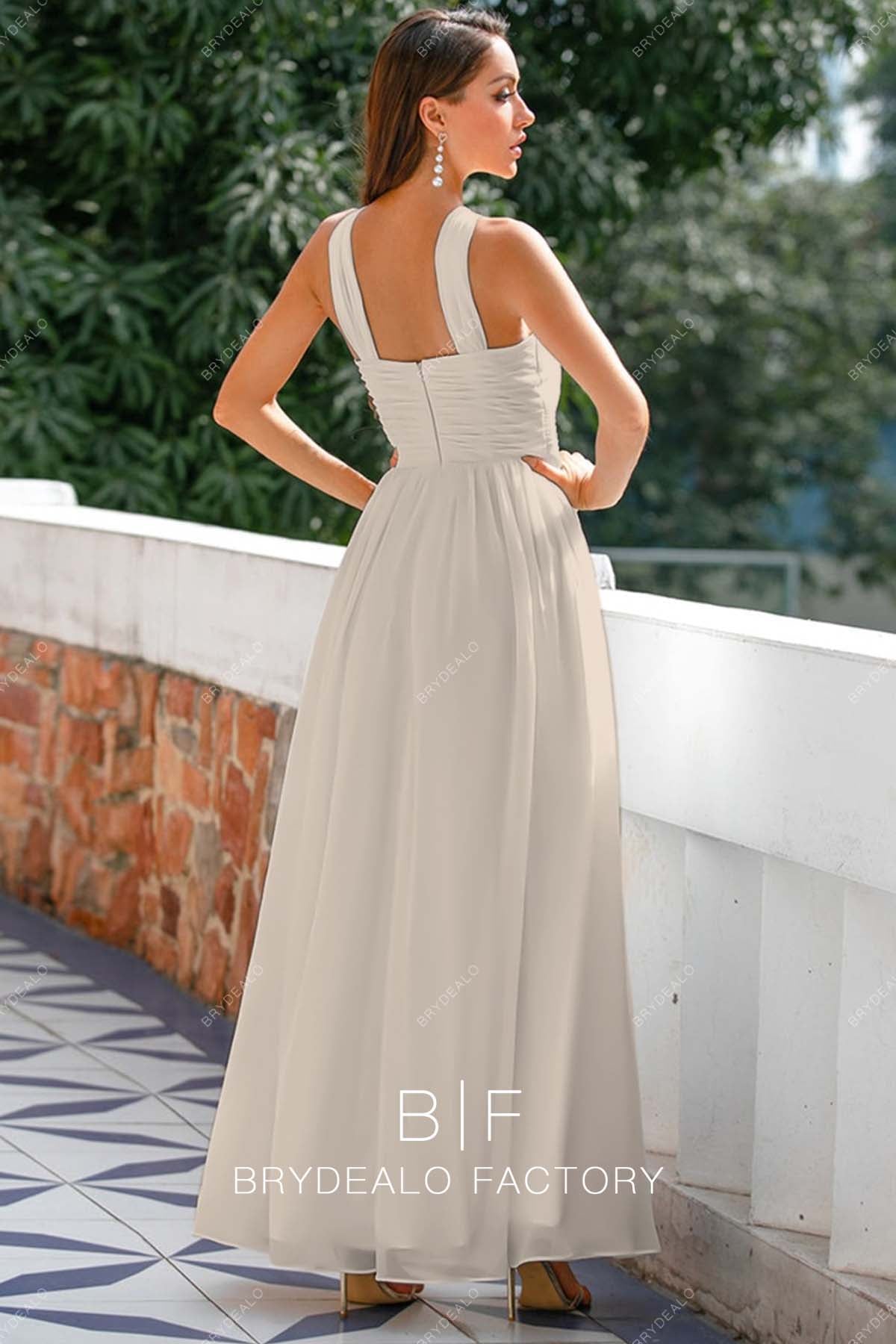 sleeveless shoulder strap long A-line bridesmaid dress