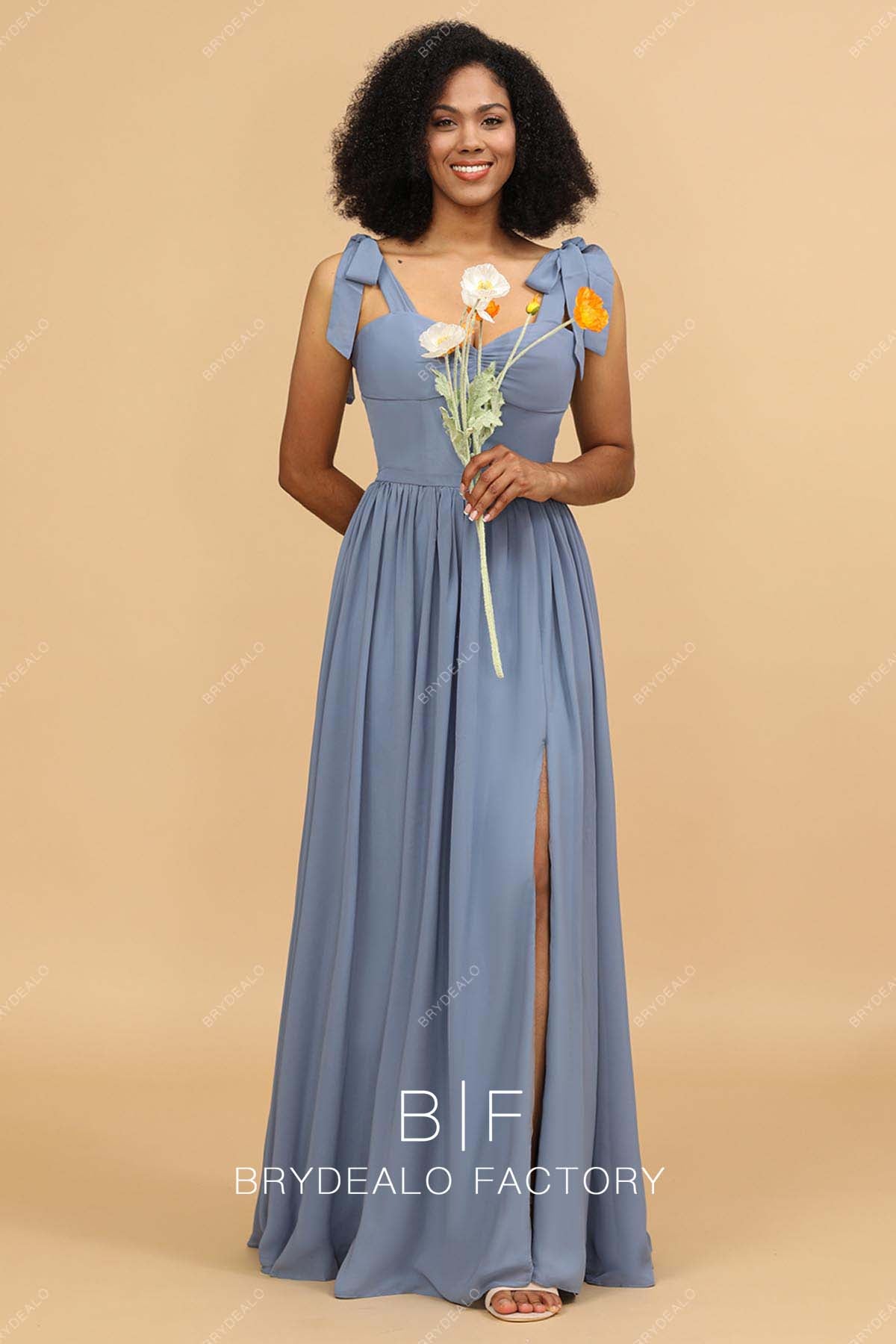 Dusty Blue Shoulder Tie Ruched Sweetheart Empire Bridesmaid Dress
