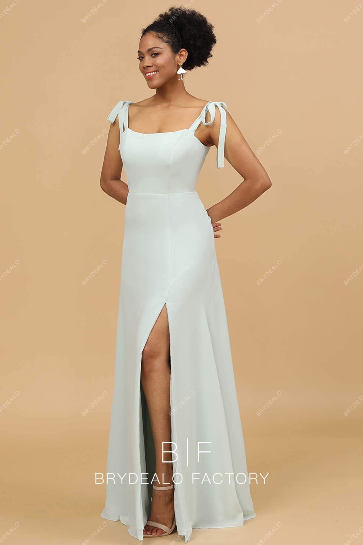 sleeveless shoulder tie A-line slit bridesmaid gown
