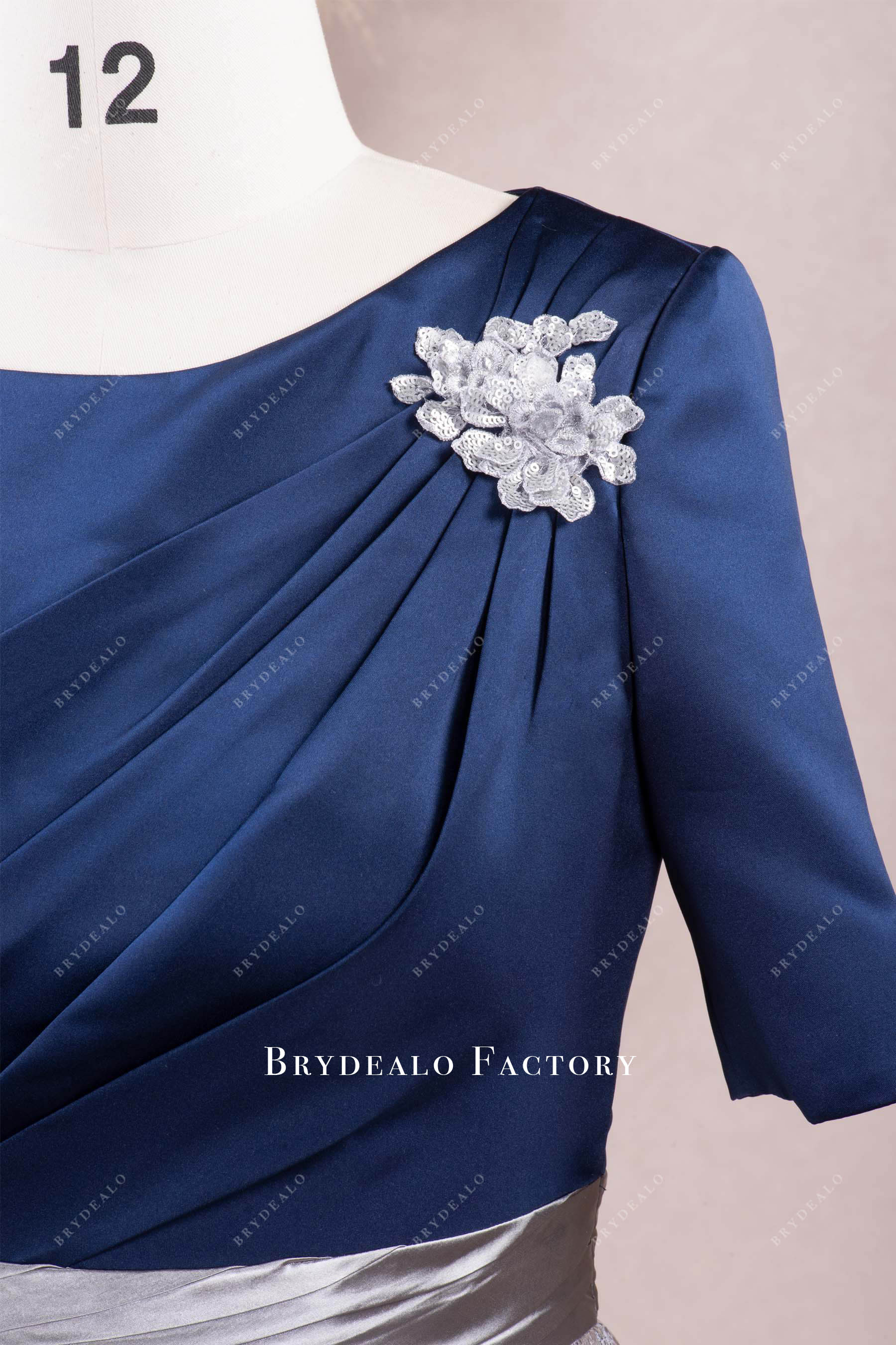 silver brooch pleated navy satin formal gown