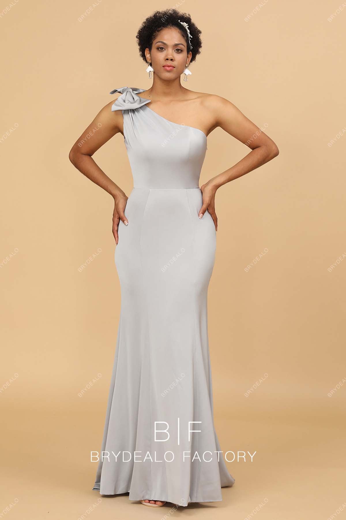 Silver Bow One Shoulder Mermaid Satin Evening Bridesmaid Dress