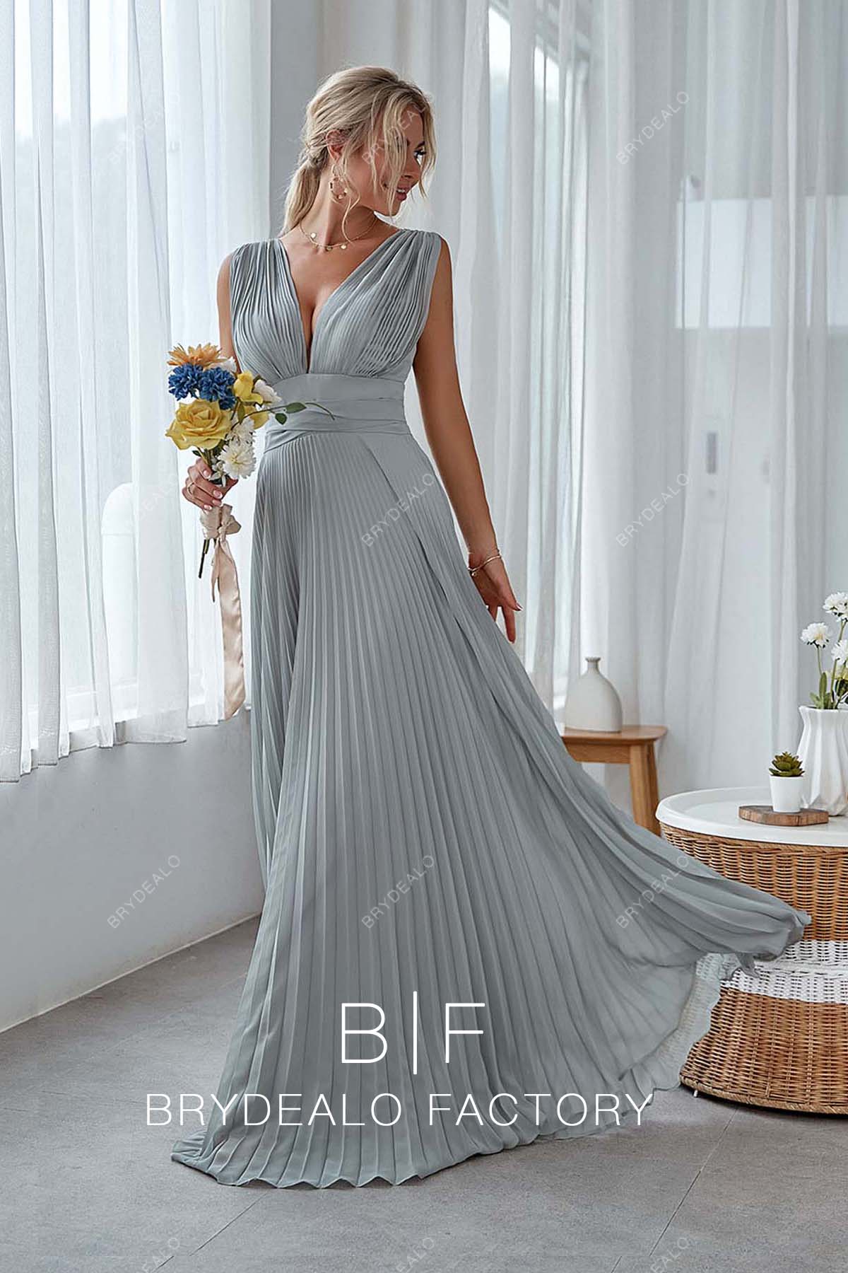 silver plunging neck pleated chiffon bridesmaid dress