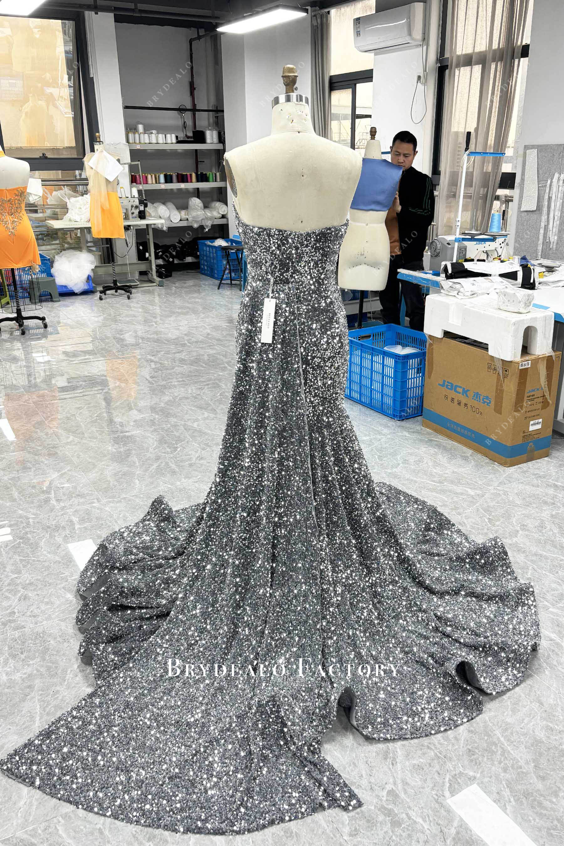 Luxurious Silver Rhinestone Velvet Sequin Prom Dress