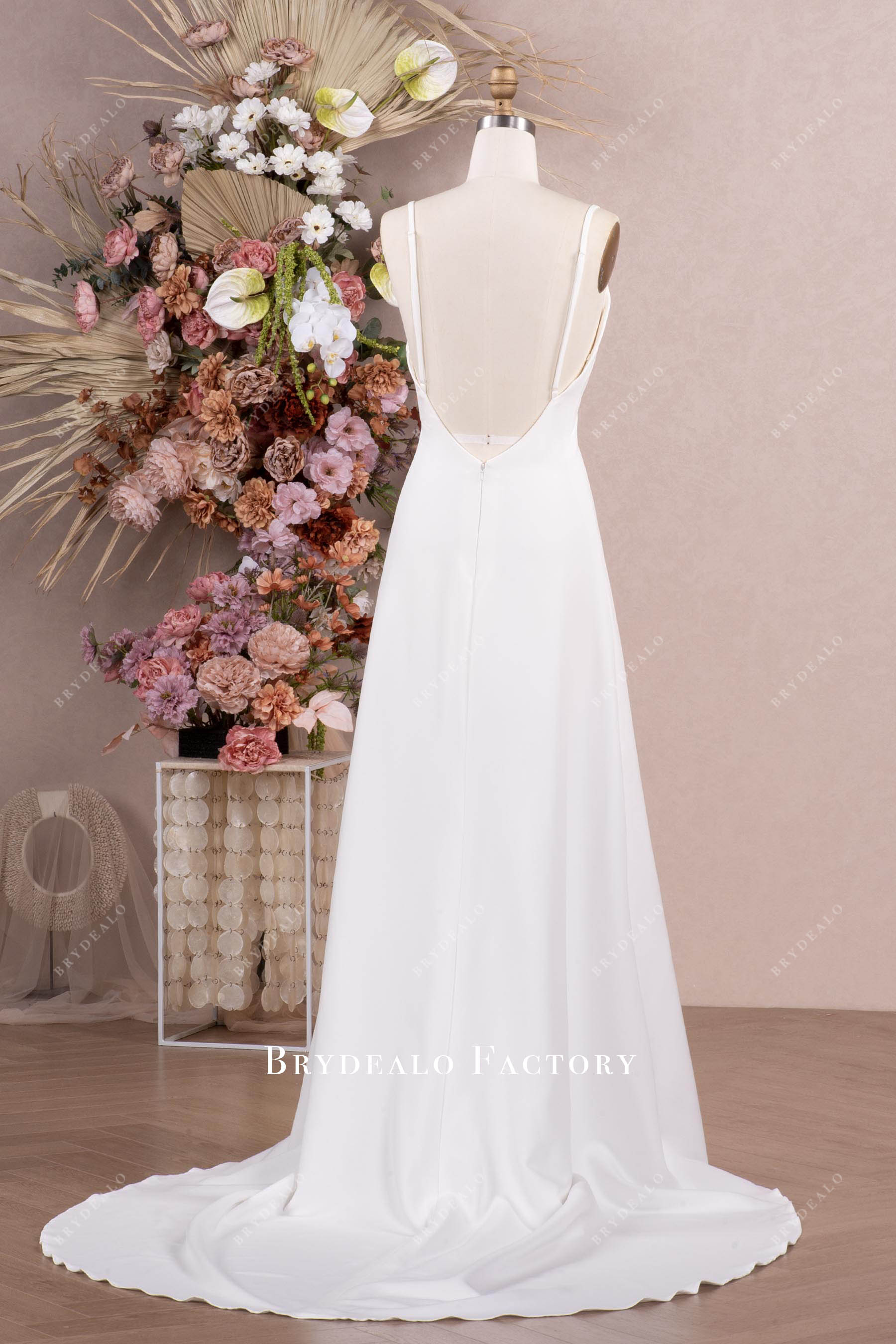 simple open back crepe long wedding dress