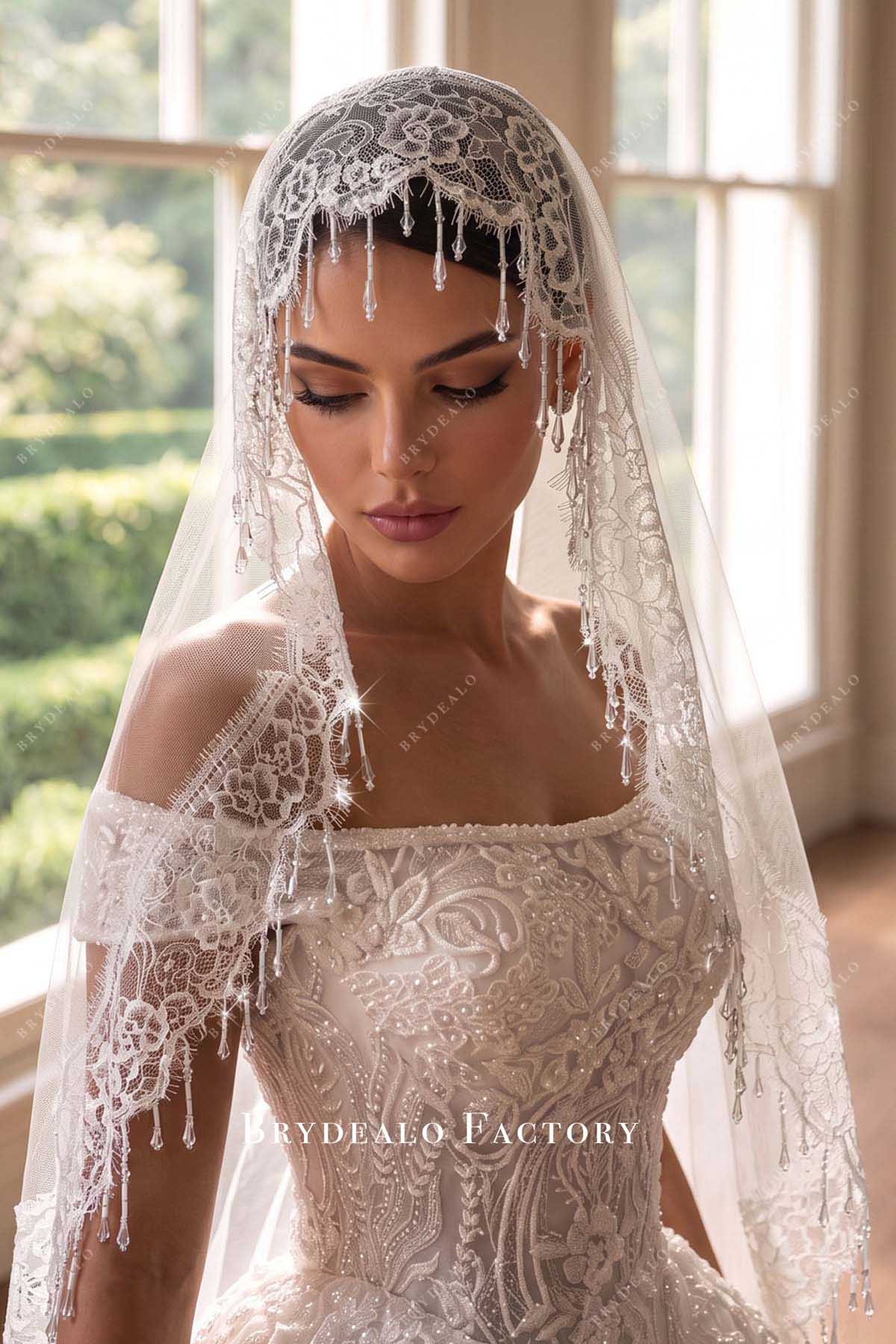 single tier embroidered lace bridal veil