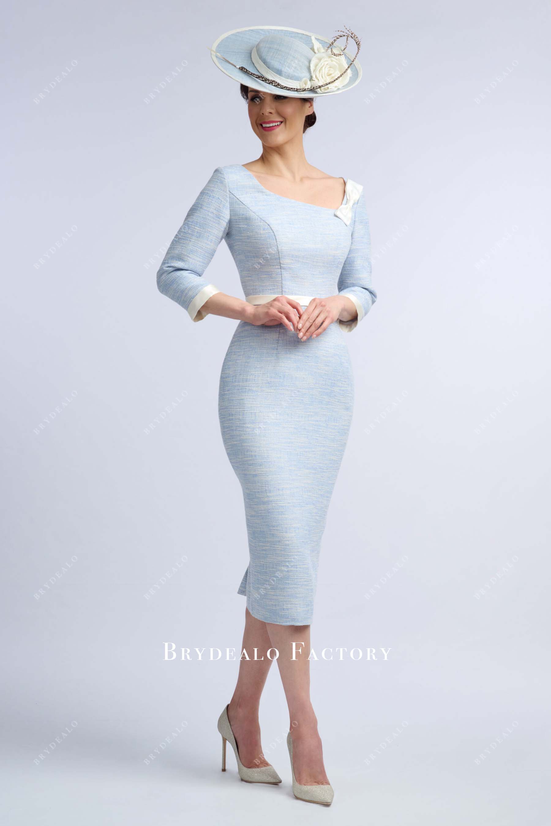 sky blue asymmetrical neckline mother of  bride dress