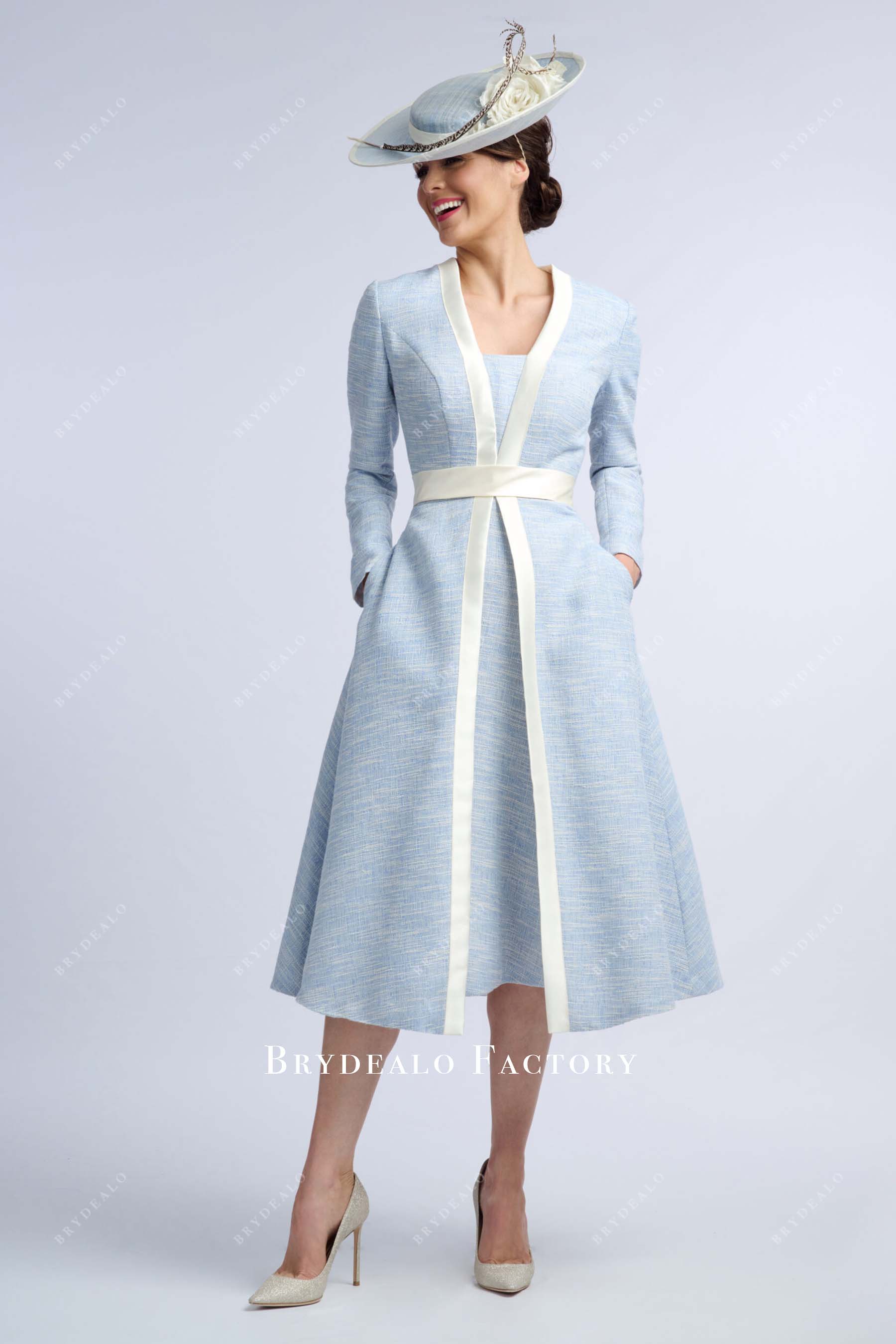 sky blue long sleeves mother of bride dress