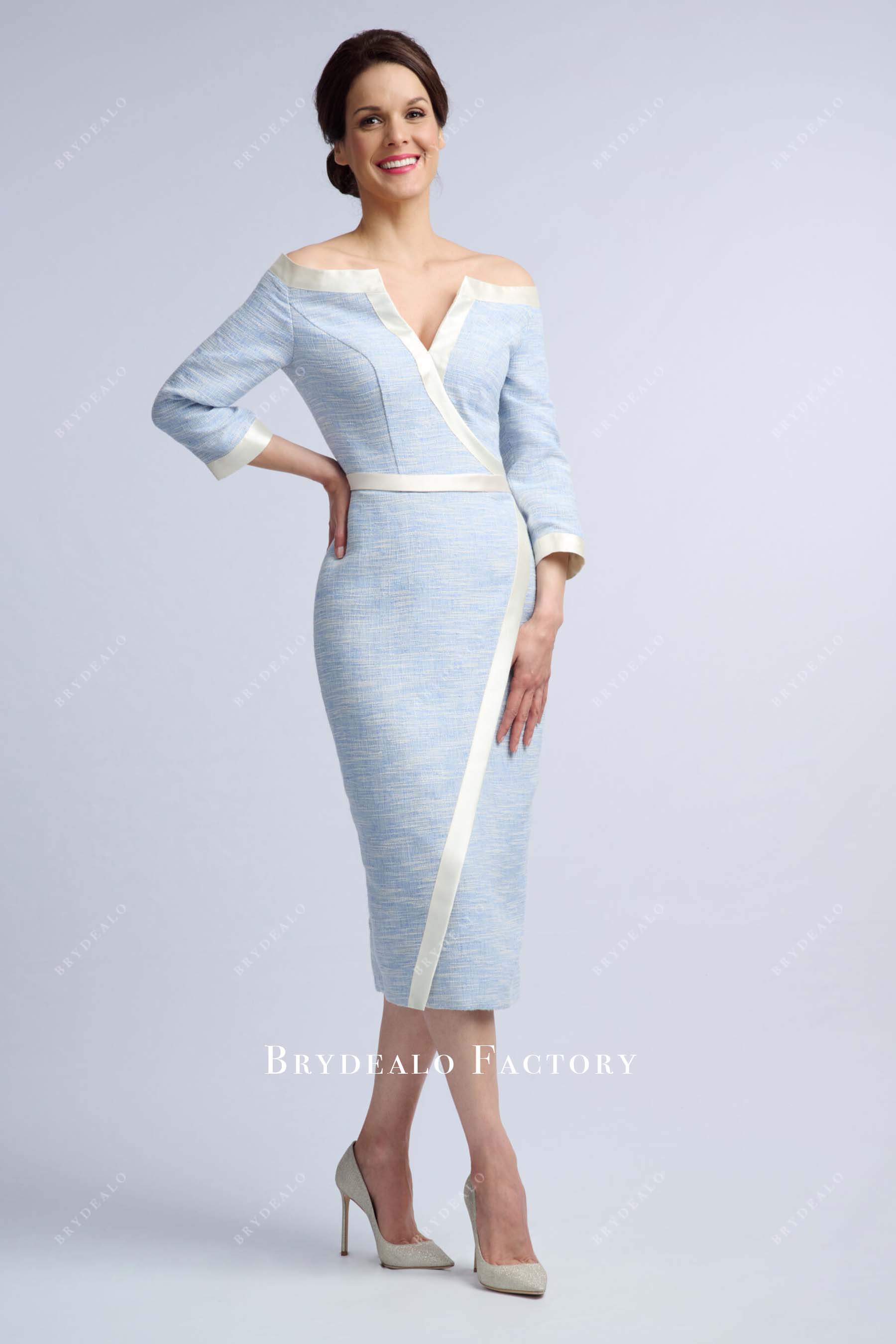 sky blue off shoulder mother of bride dress