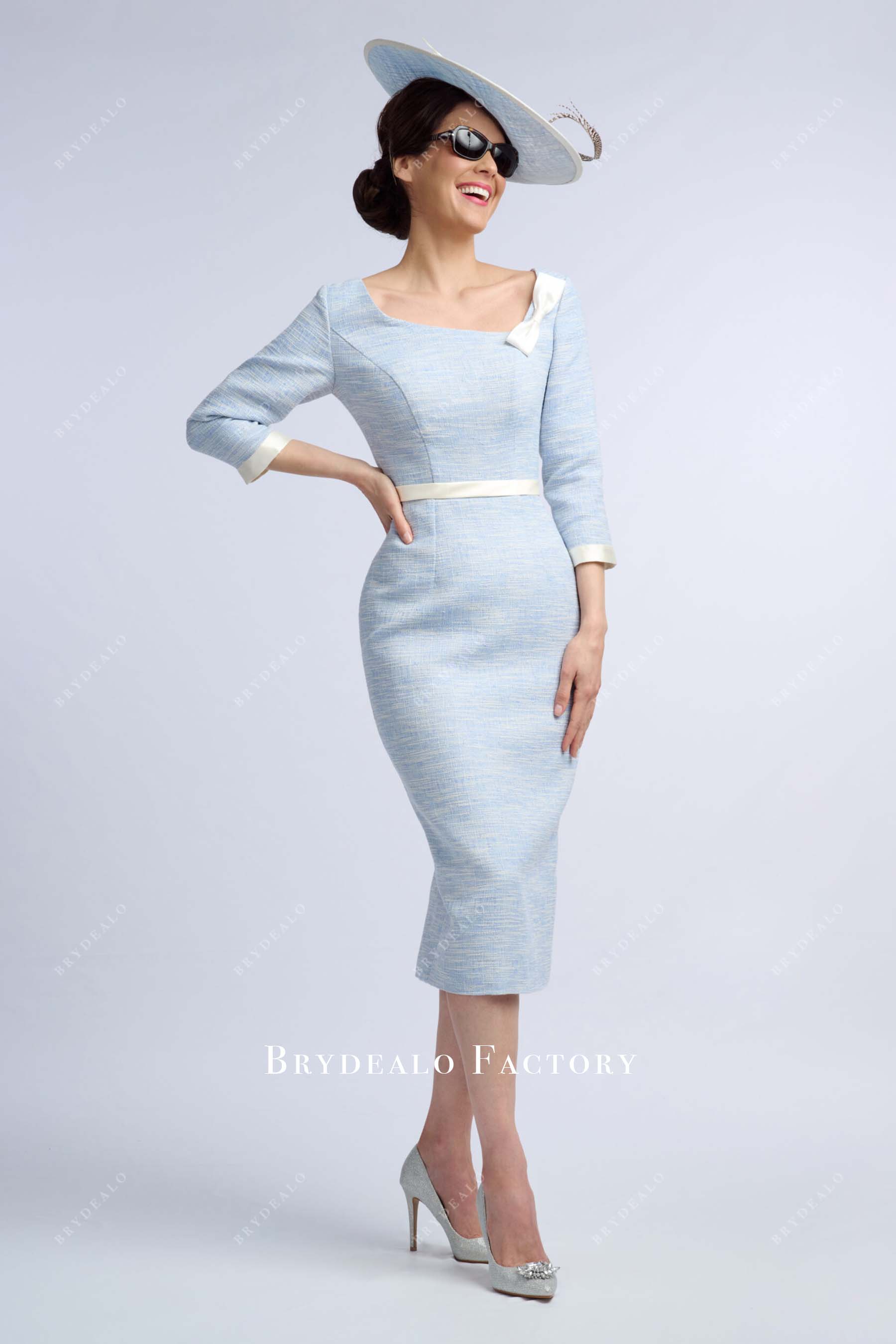 sky blue tea length mother of bride dress