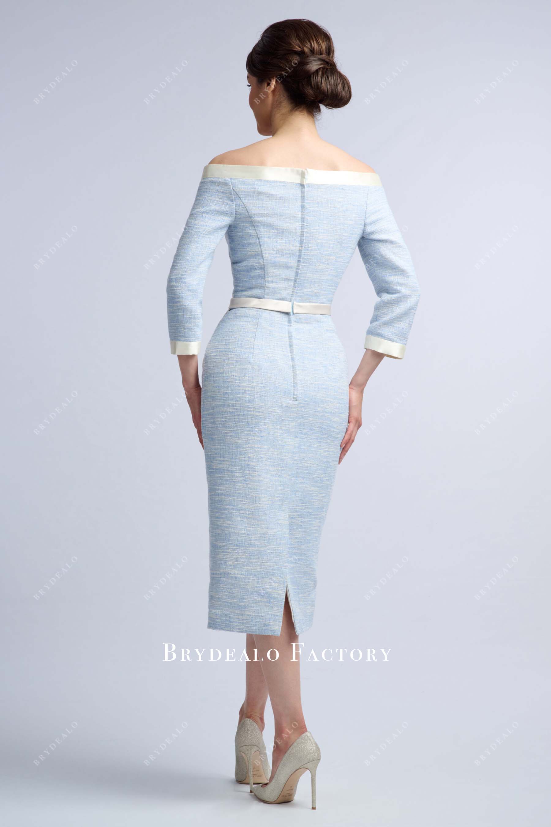 sky blue tea length pencil mother of bride dress