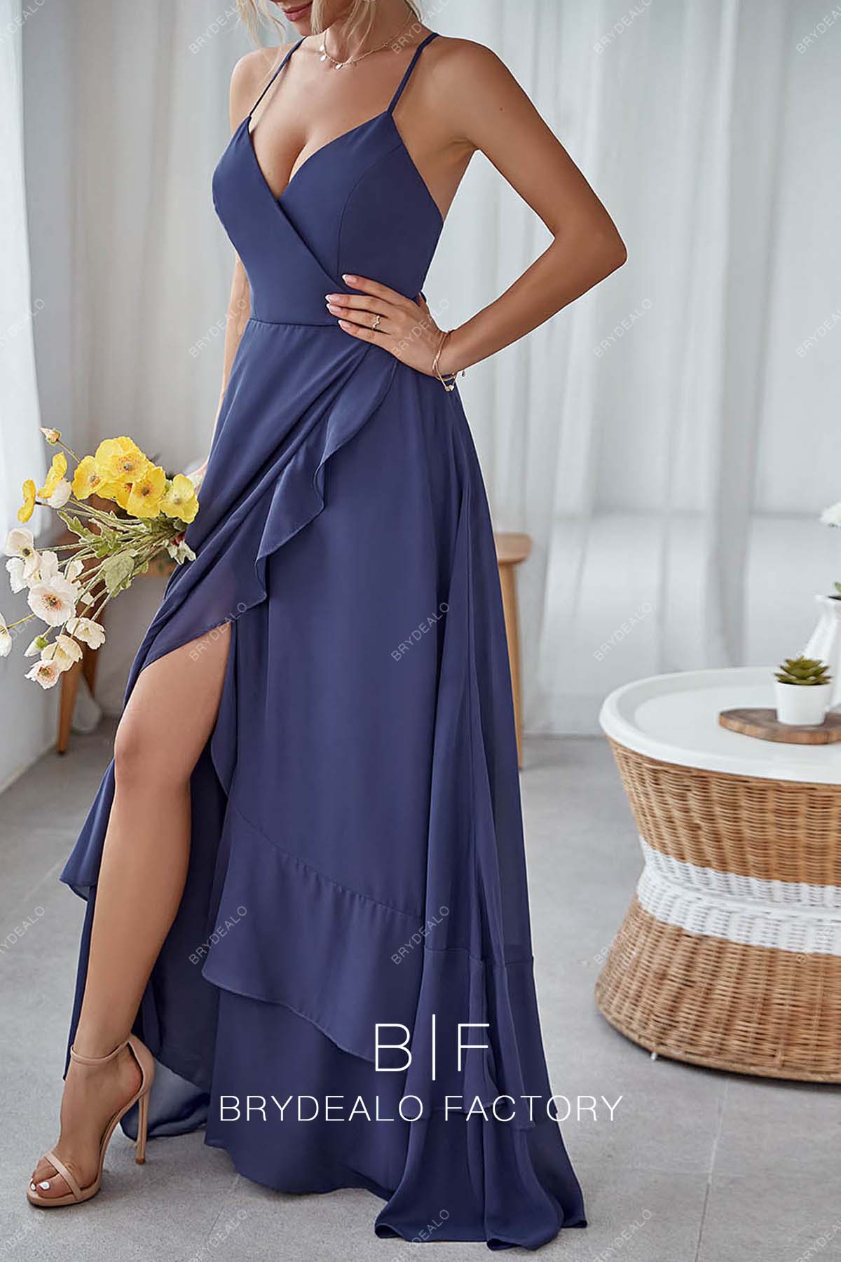 Slate Blue Slit A-line Chiffon Bridesmaid Dress