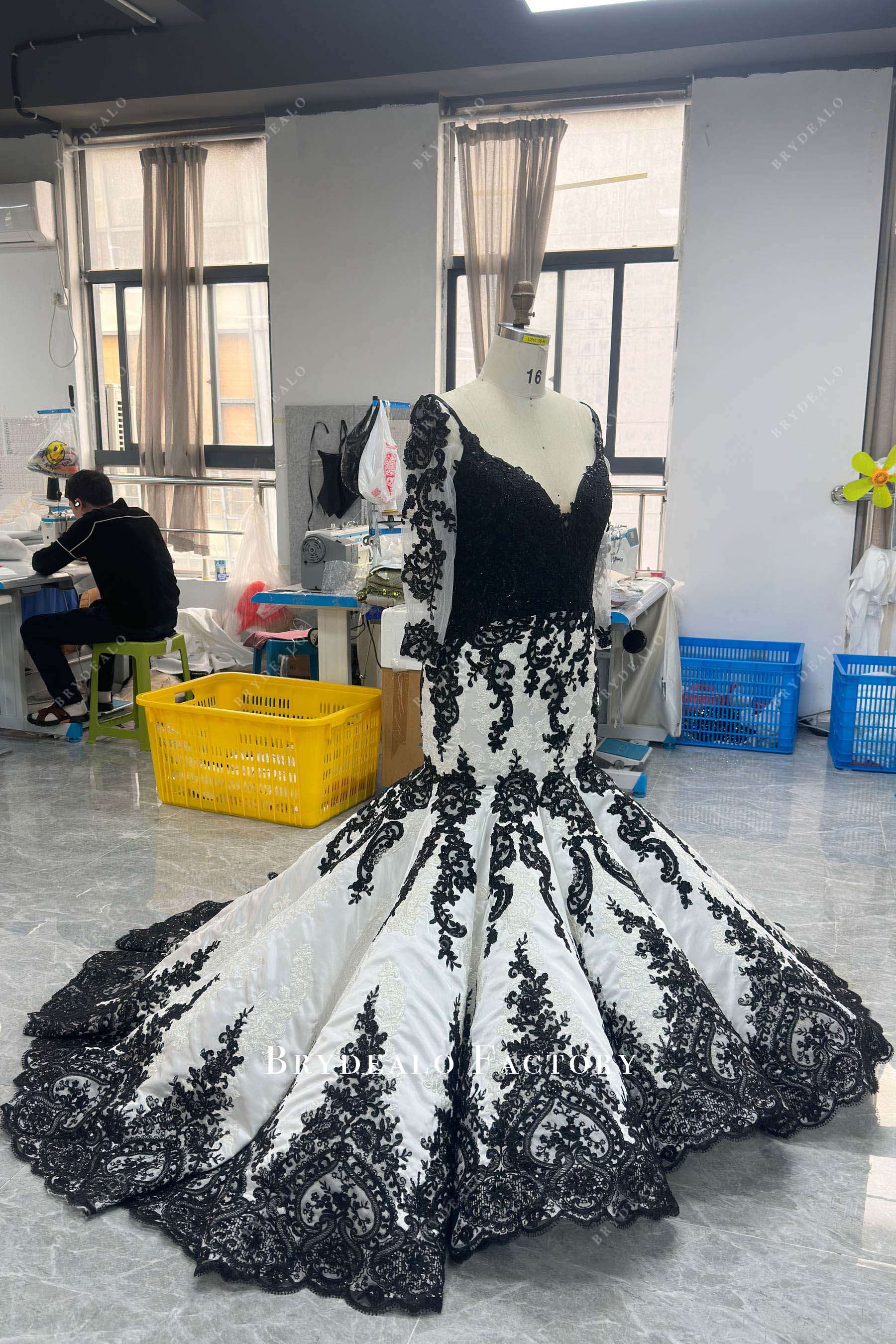 sleeved black white wedding dress