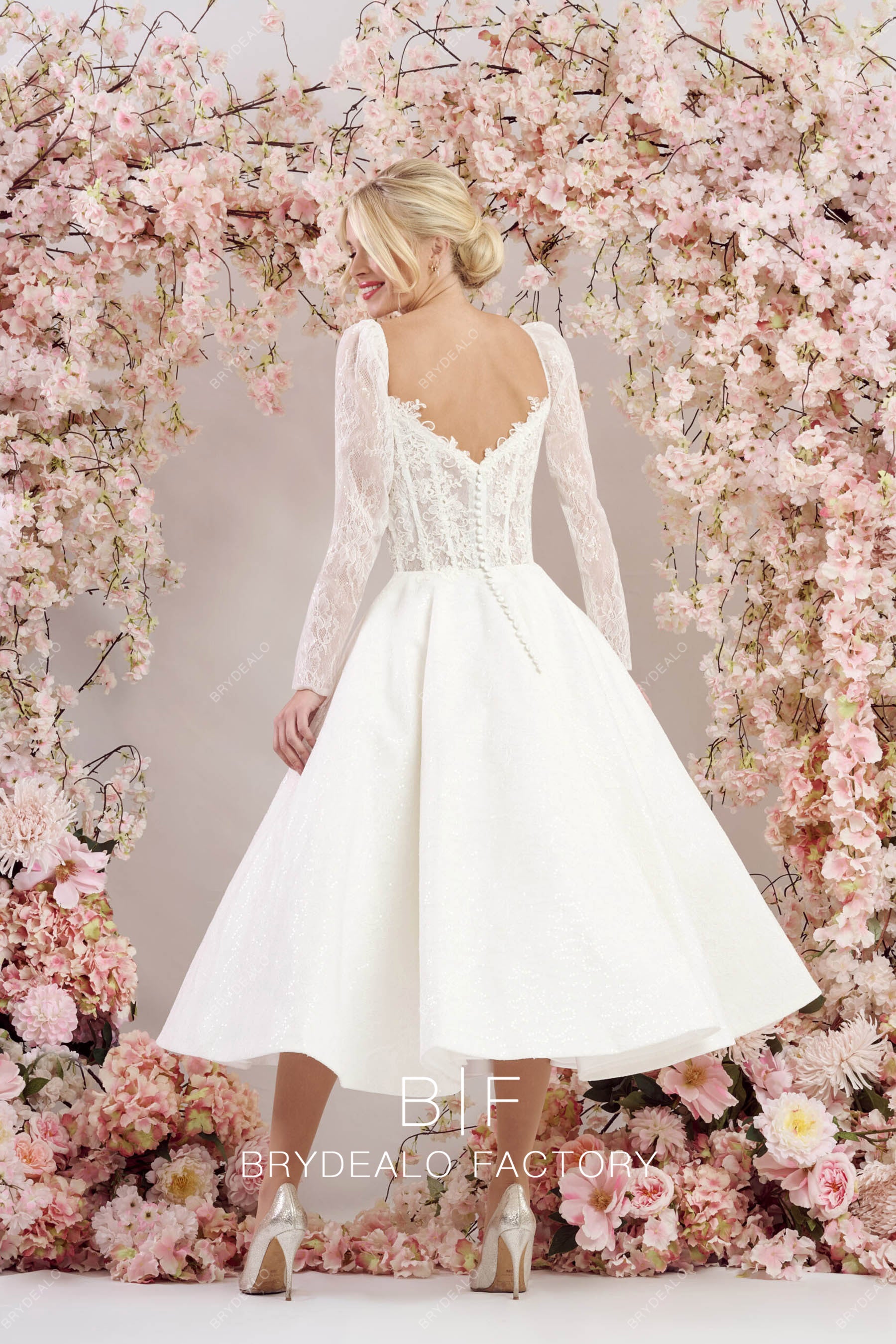 sleeves corset tea length wedding dress