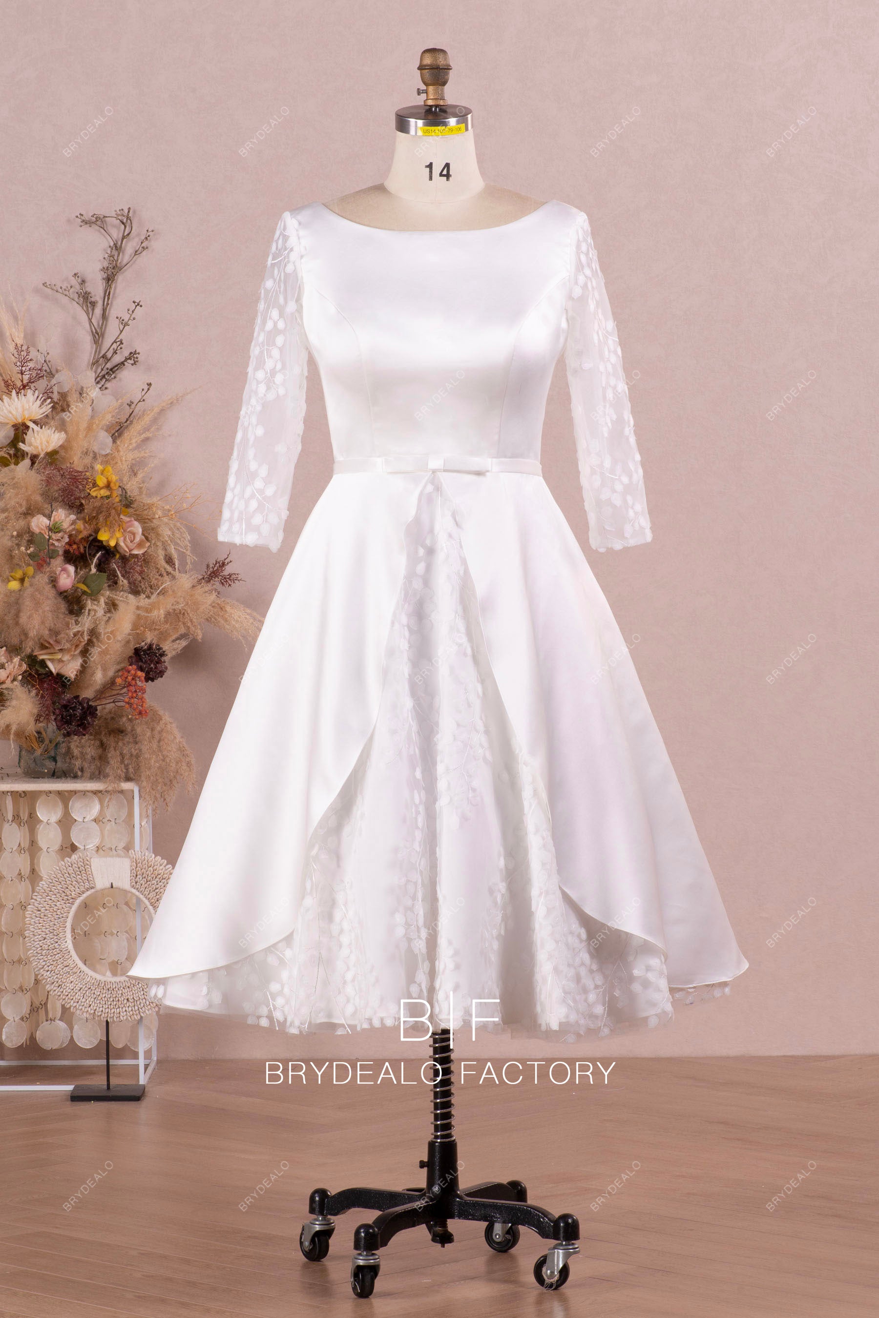 sleeved lace satin short vintage wedding dress