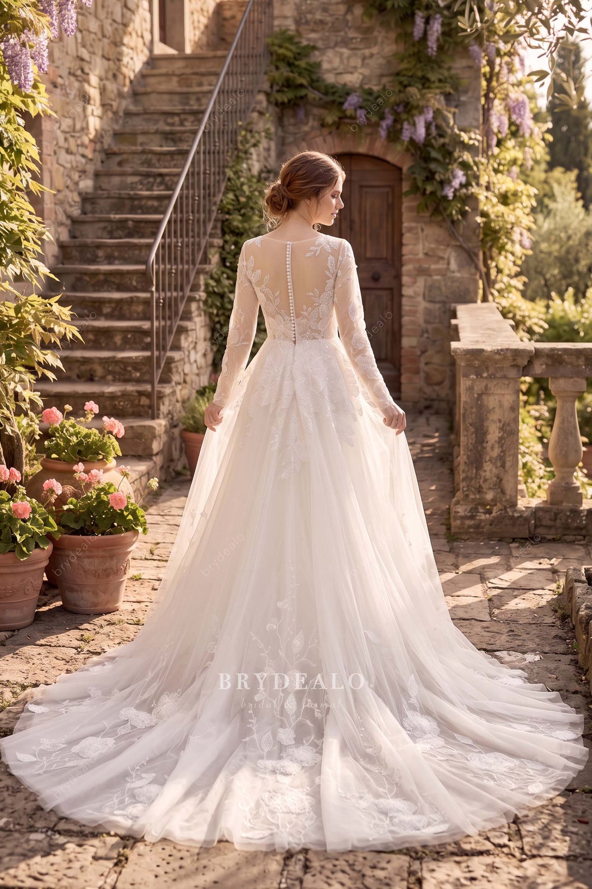 sleeved long Aline flower lace wedding dress