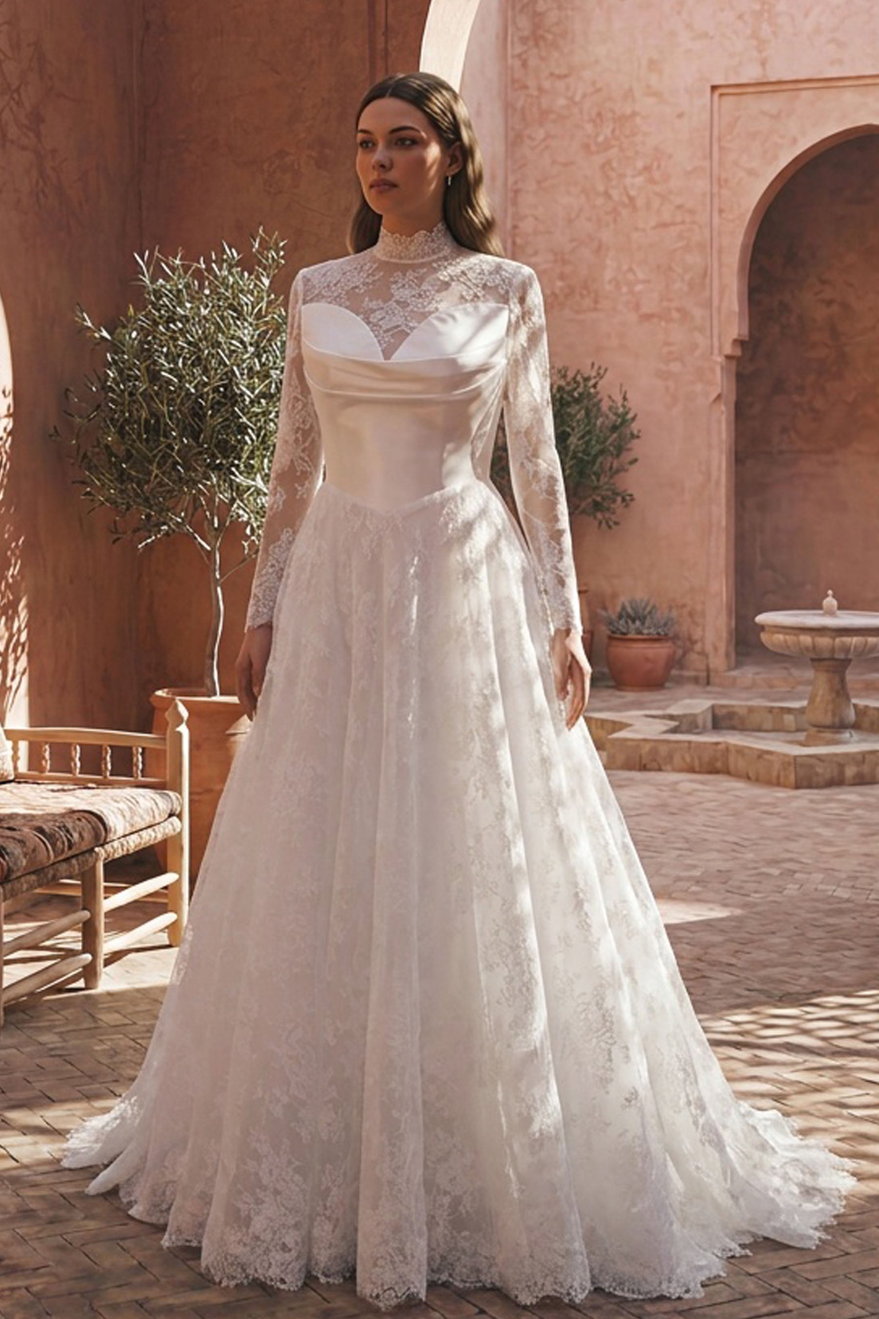 sleeved scalloped lace high neck wedding dress