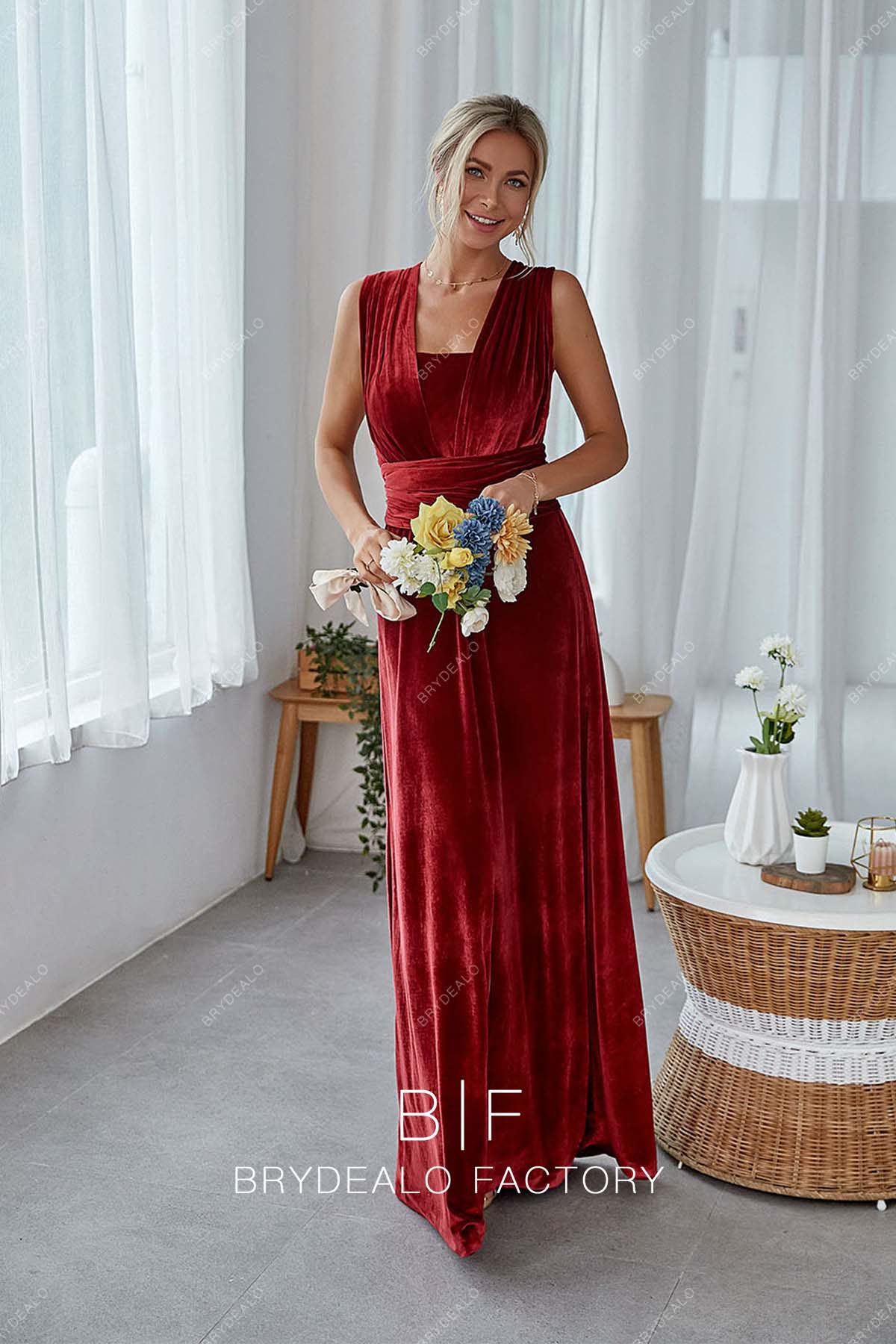 sleeveless A-line floor length bridesmaid gown