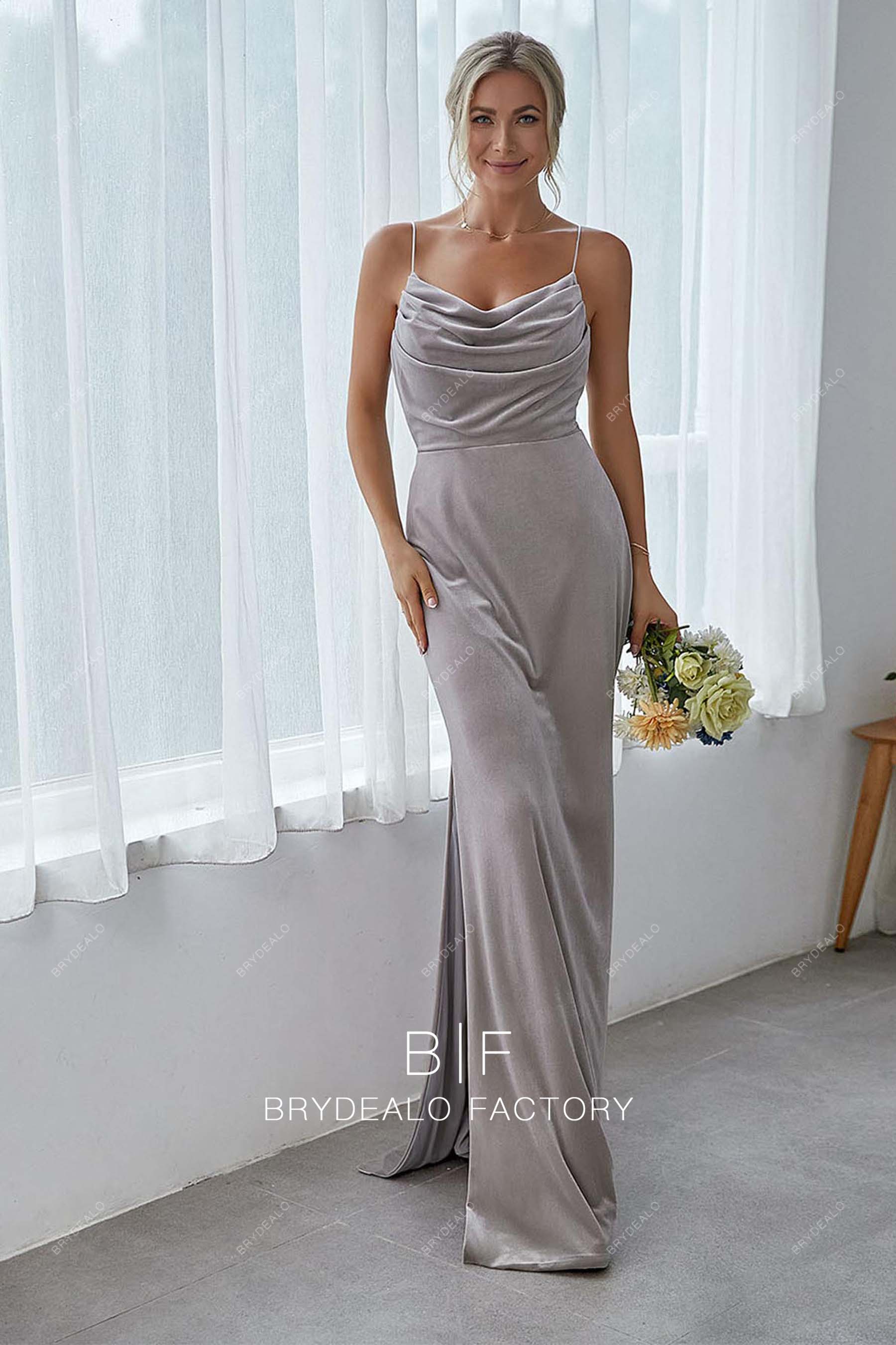 sleeveless spaghetti straps cowl neck bridesmaid dress