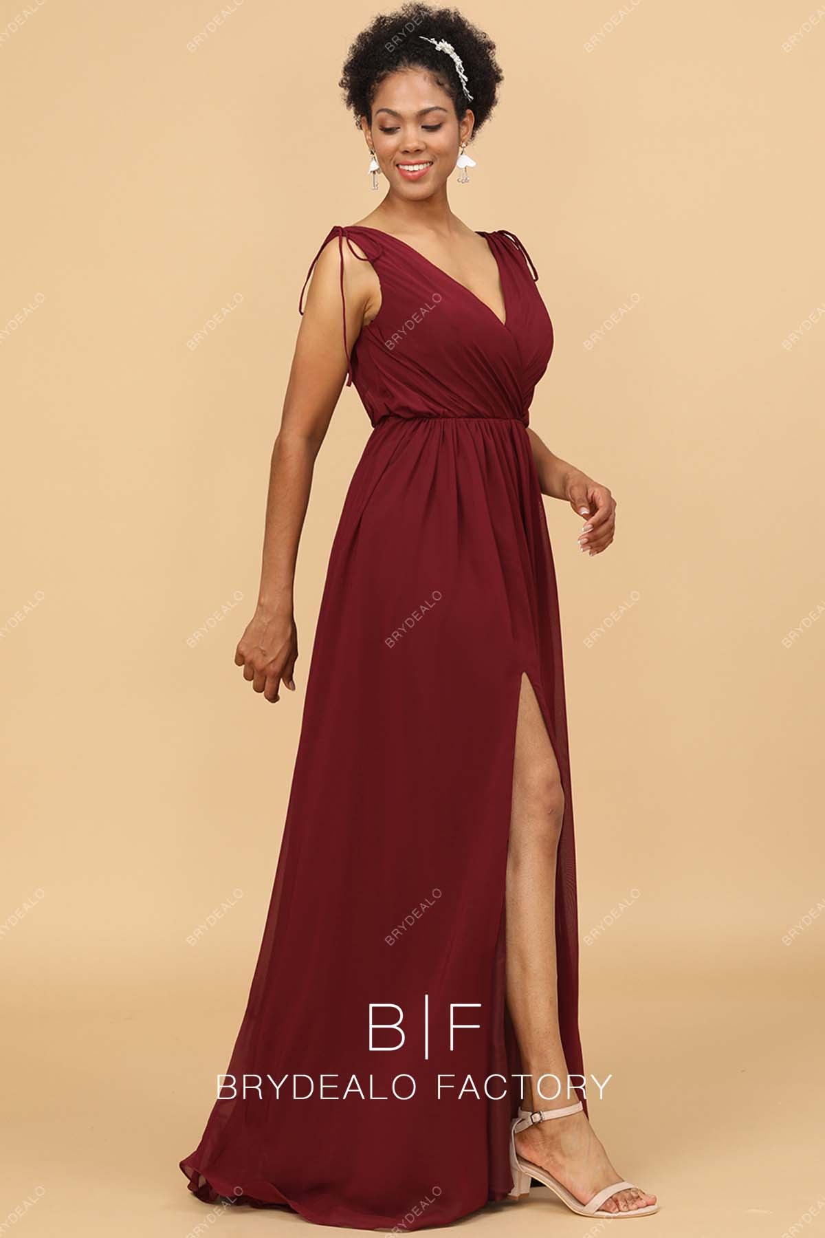 sleeveless A-line burgundy chiffon slit briedsmaid dress