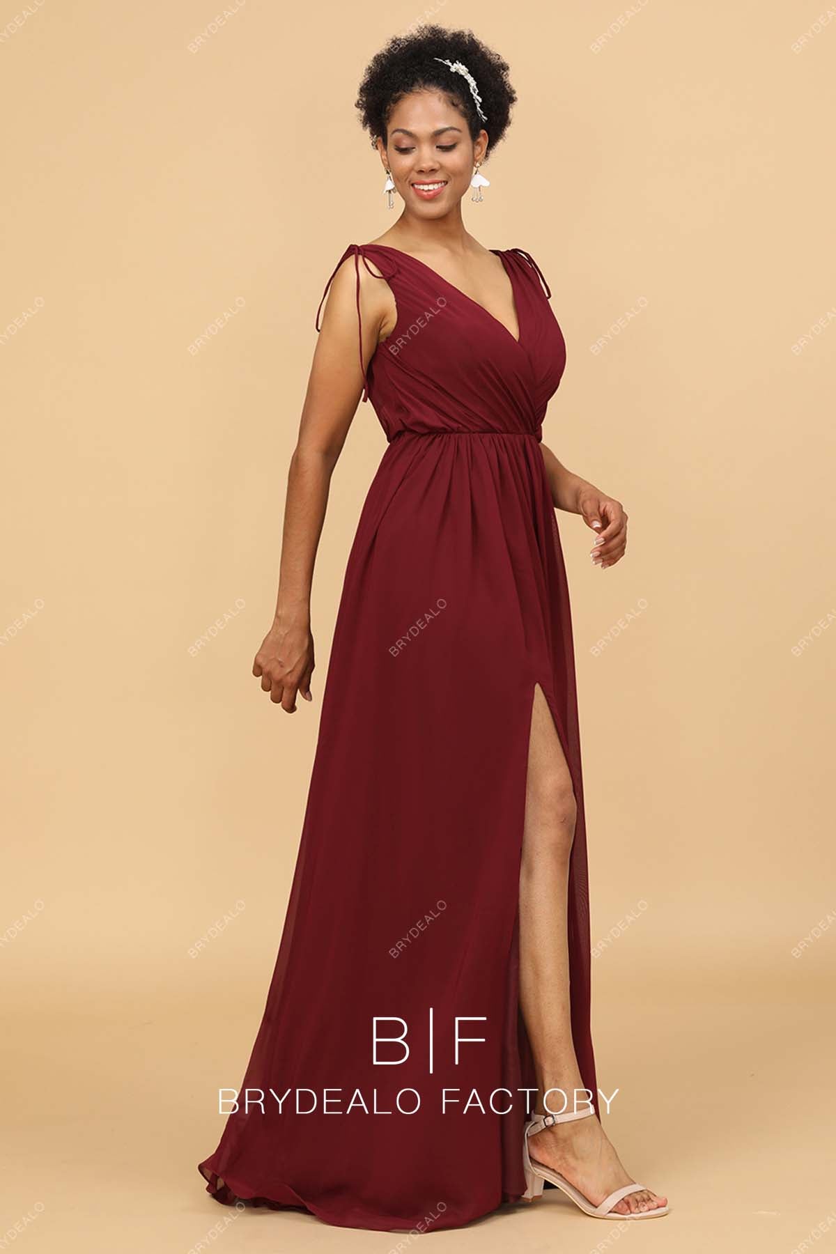 Burgundy Shoulder Tie Sleeveless A-line Bridesmaid Dress