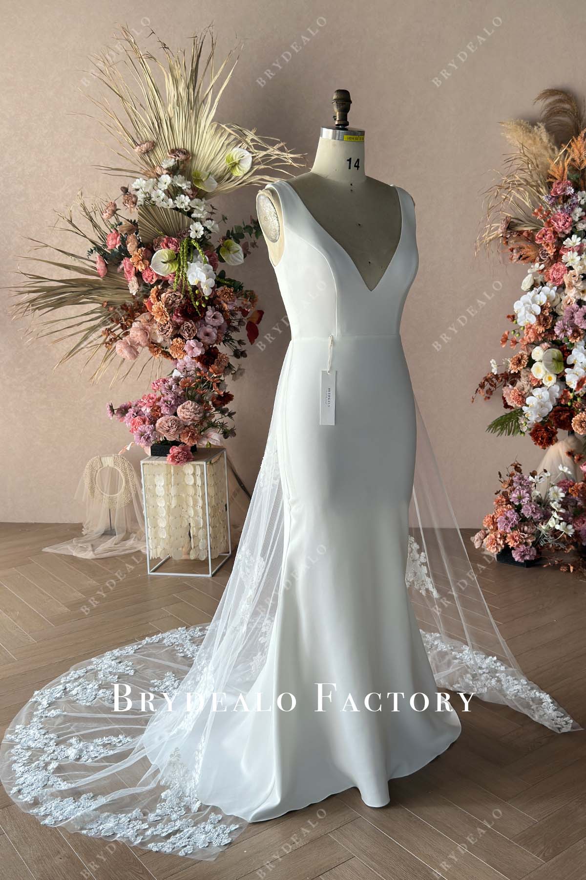 Custom Higher V-neck Crepe Lace Mermaid Wedding Dress