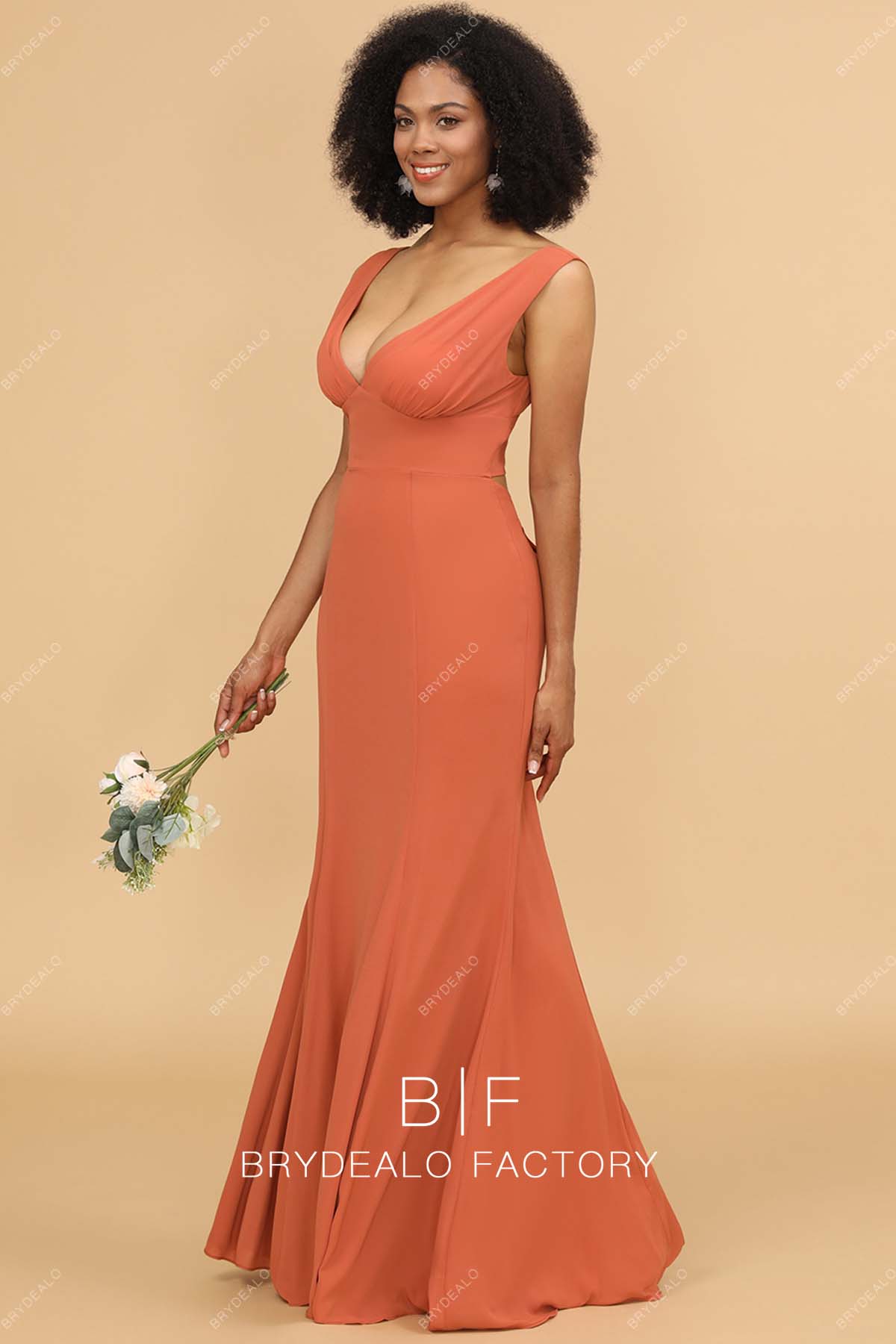 Tangerine Plunging V neck Empire Fit and Flare Jersey Bridesmaid Dress